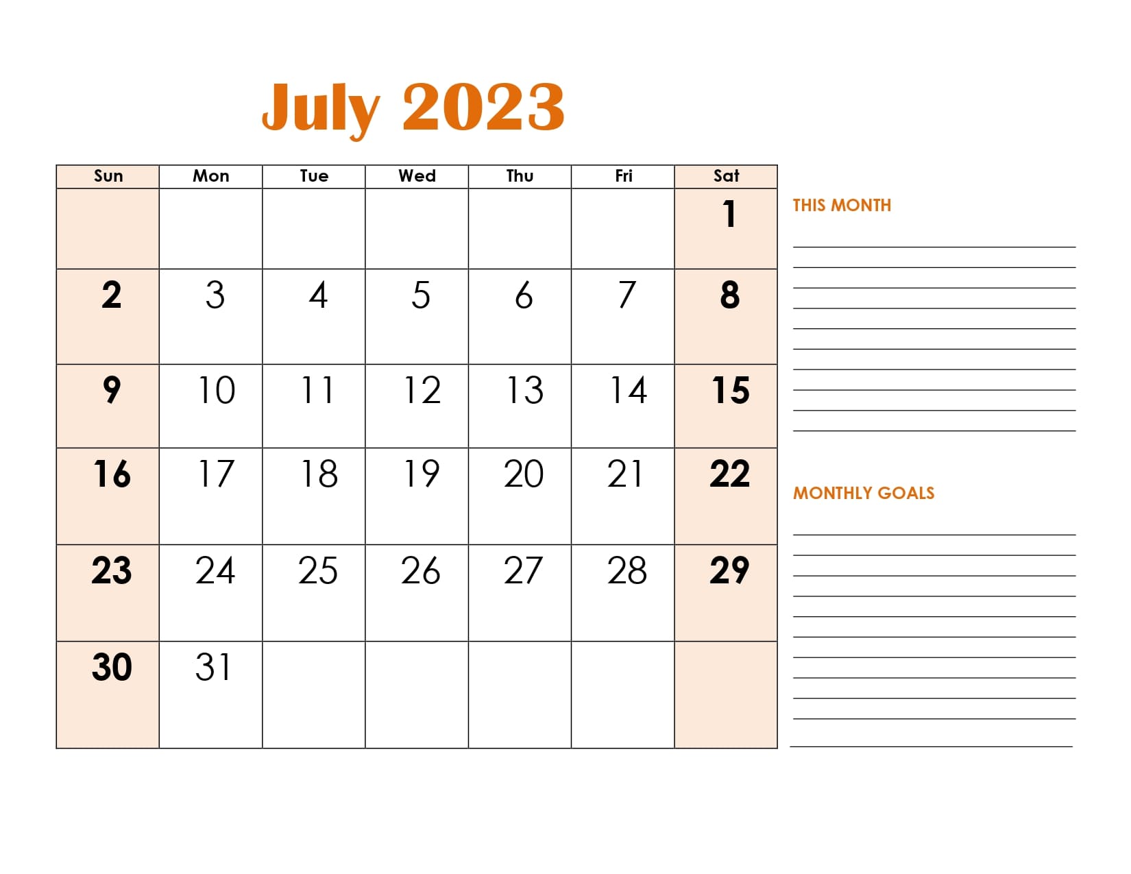 July 2023 Calendar with Goals