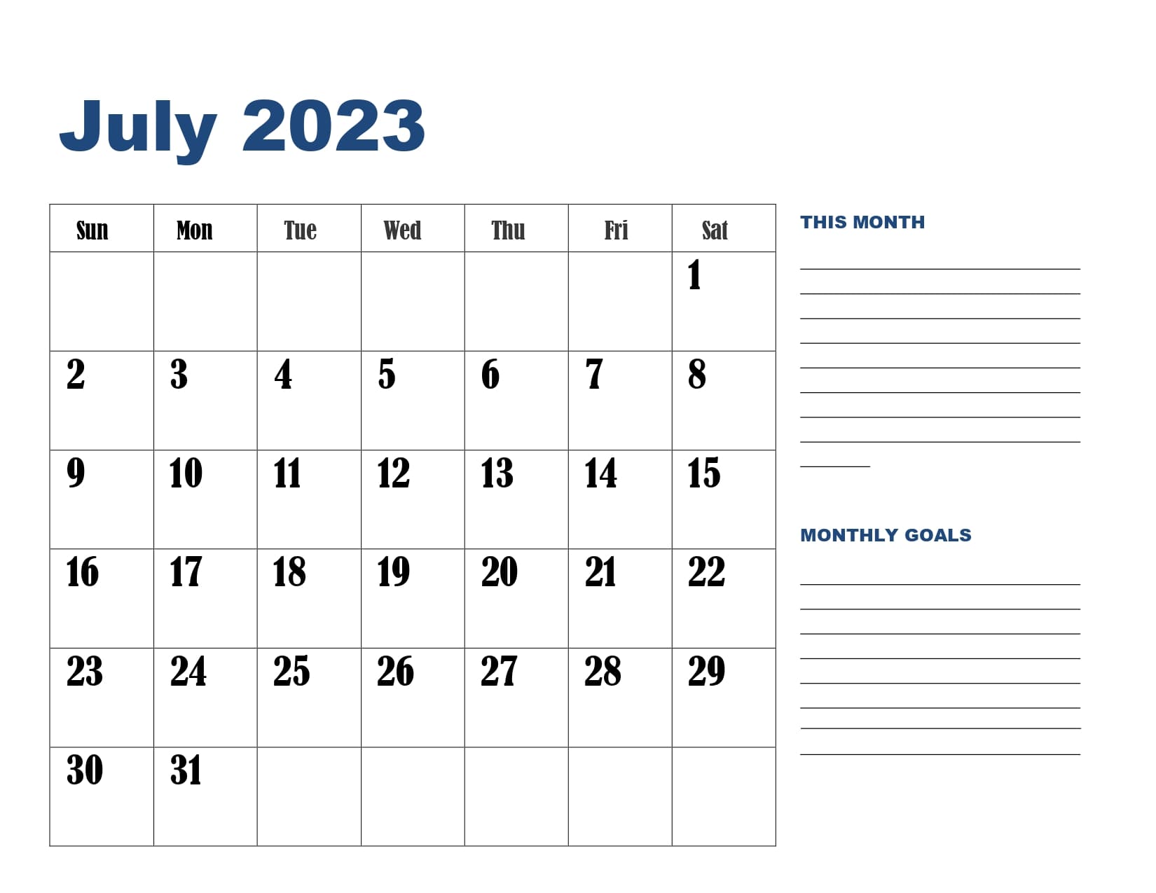 Landscape July 2023 Calendar with Goals