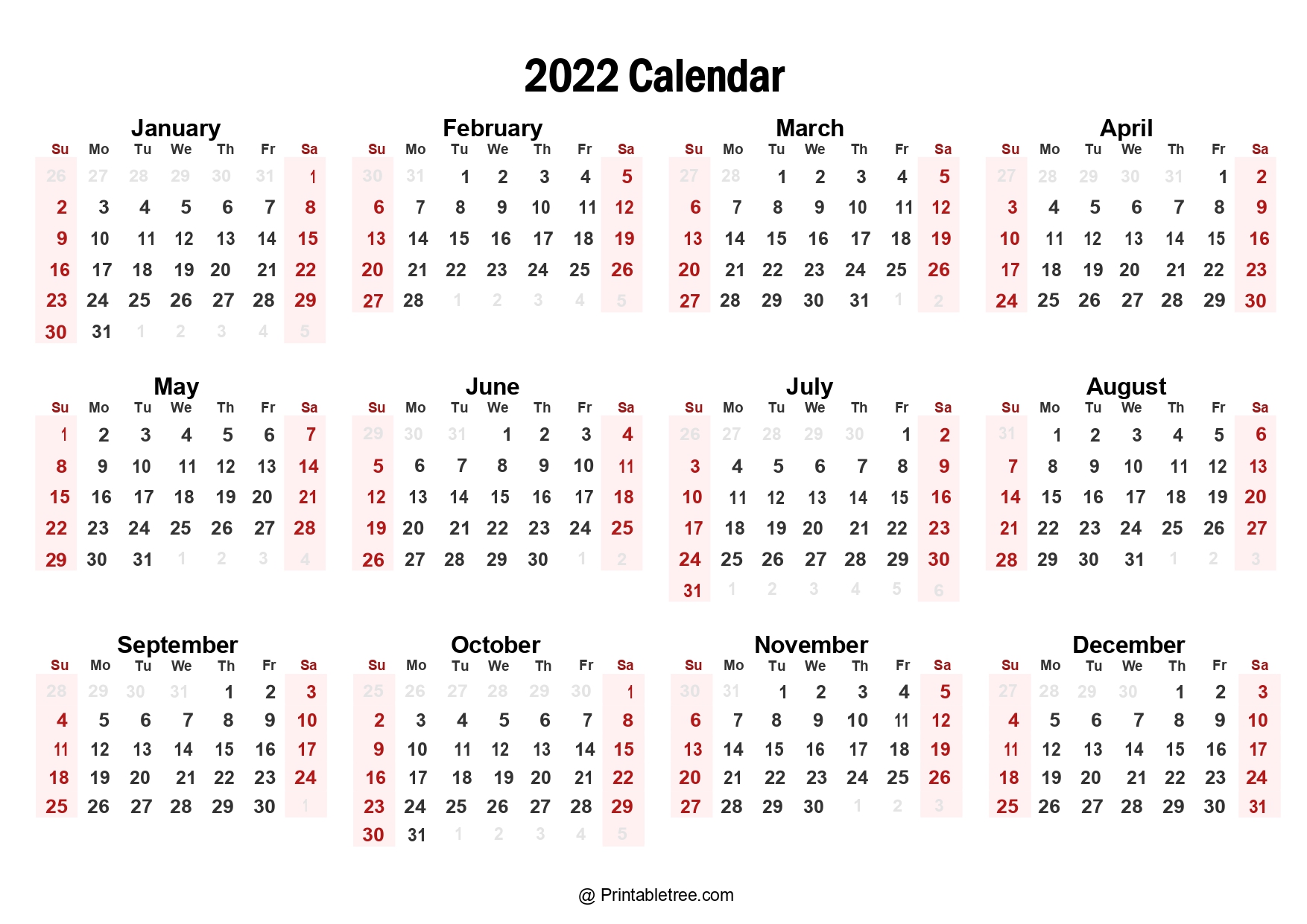 2022 Yearly Calendar Ready to Print
