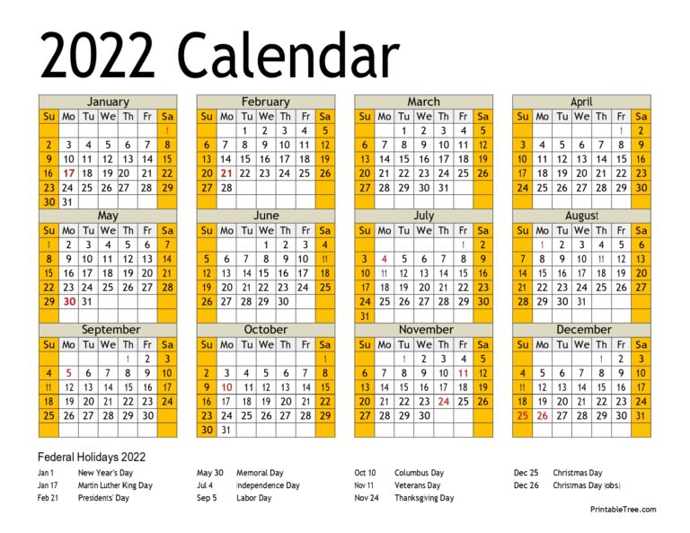 printable calendar 2022 one page with holidays single