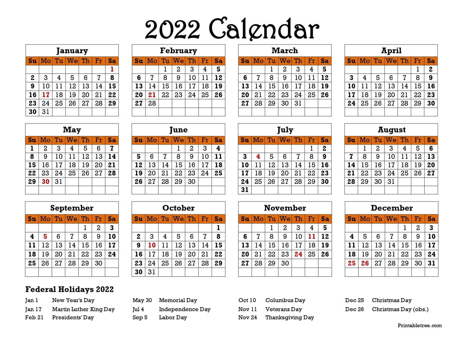  free Download Printable Calendar 2022 With Us Federal 2022 United 