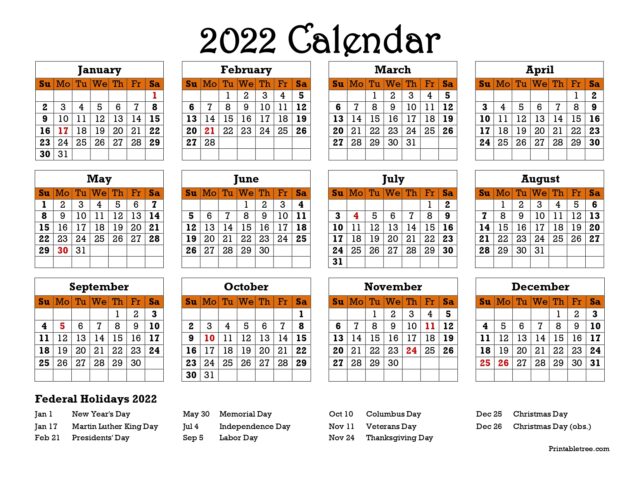 printable calendar 2022 one page with holidays single page 2022