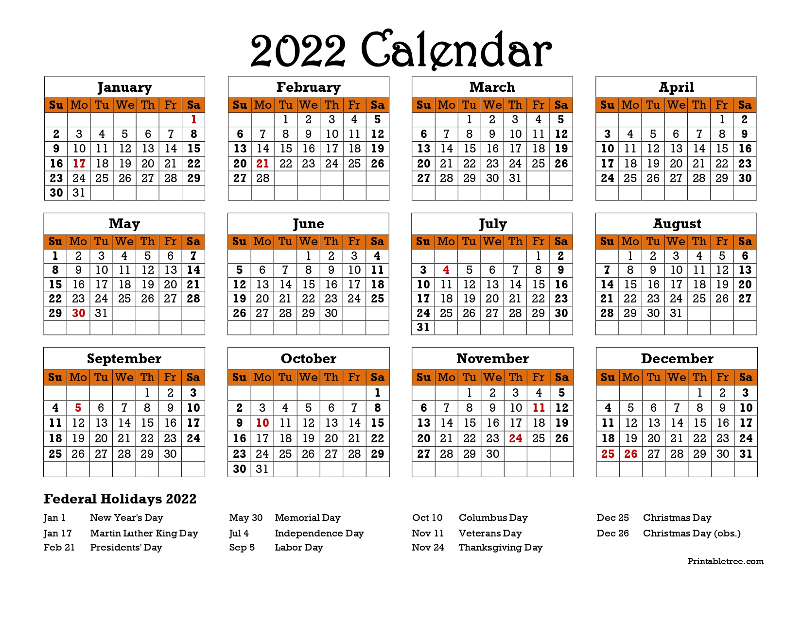 Printable Calendar 2022 One Page With Holidays Single Page 2022 Yearly Blank Pdf Templates
