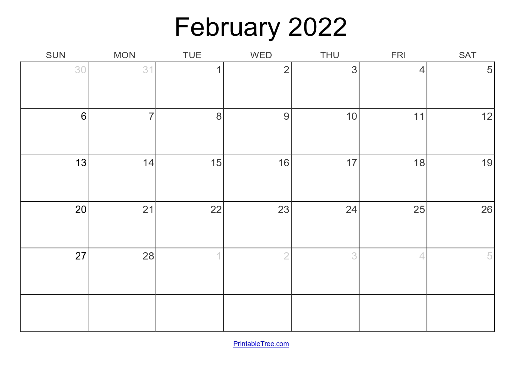 Blank Monthly Calendar February 2022