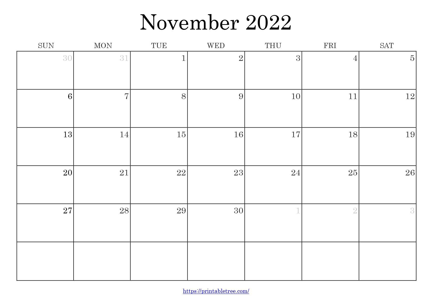 Blank Monthly Calendar November 2022 Template