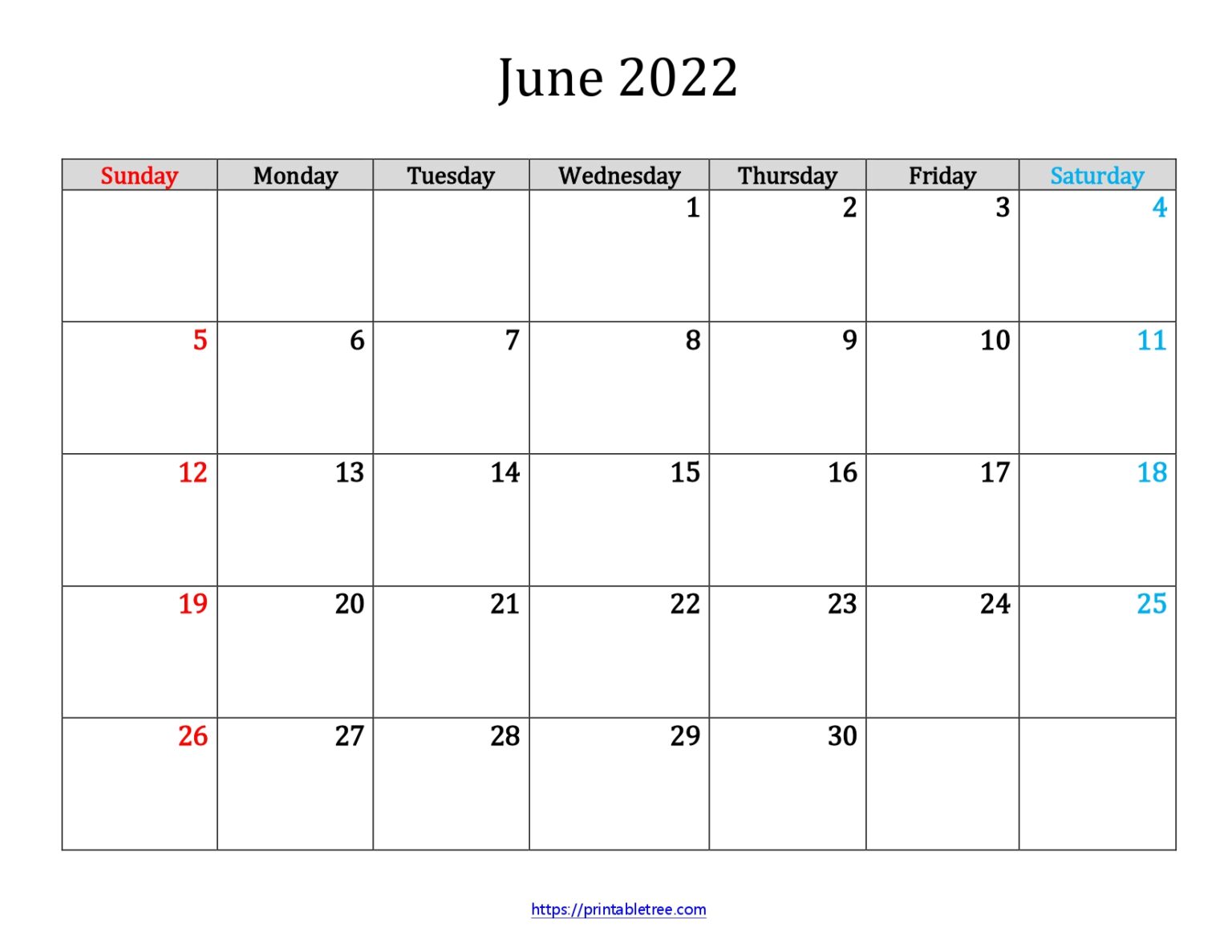 Blank Printable Calendar June 2022 PDF Templates Download