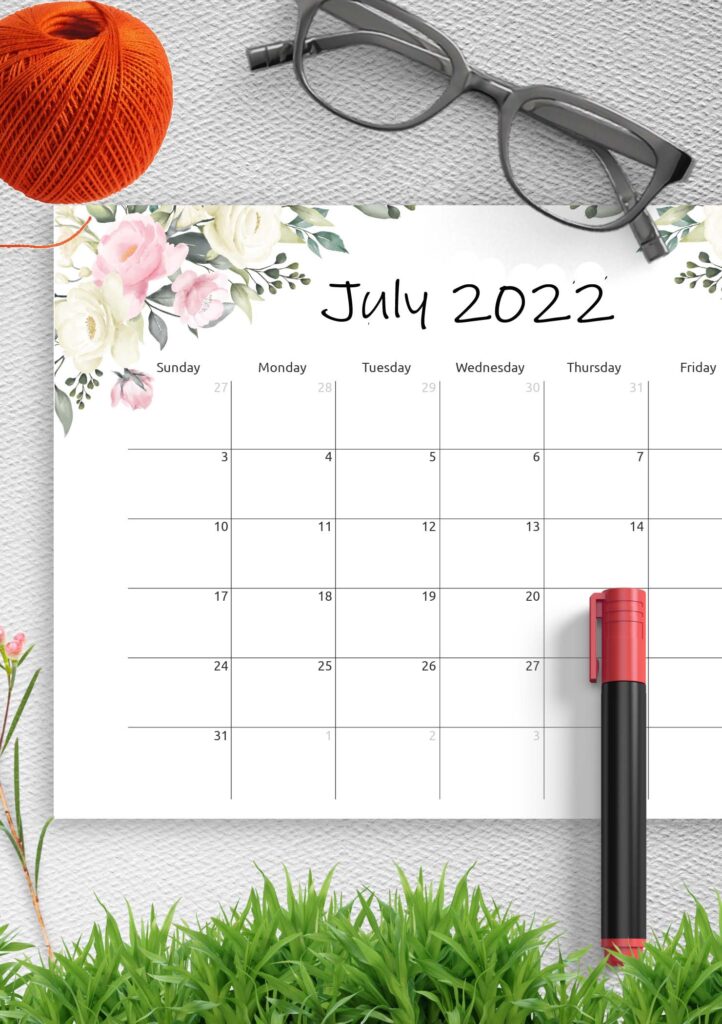 Printable Calendar July 2022 PDF | Blank Calendar July 2022 with Holidays