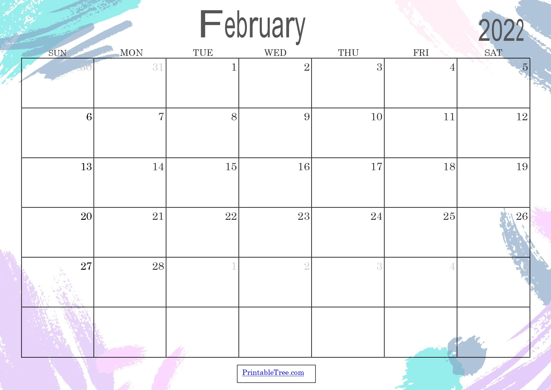 Colored Monthly Calendar February 2022