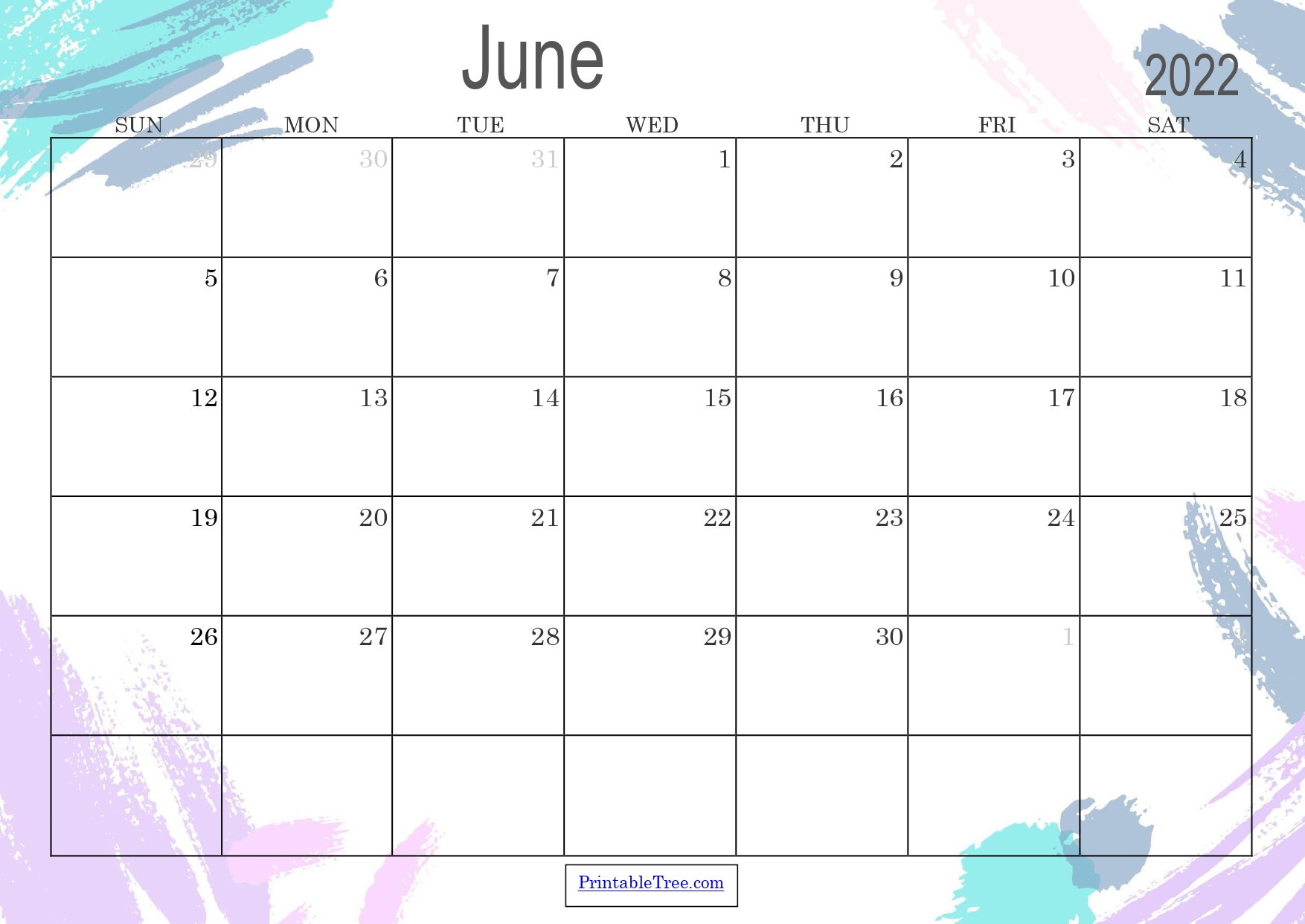 Colored Monthly Calendar June 2022