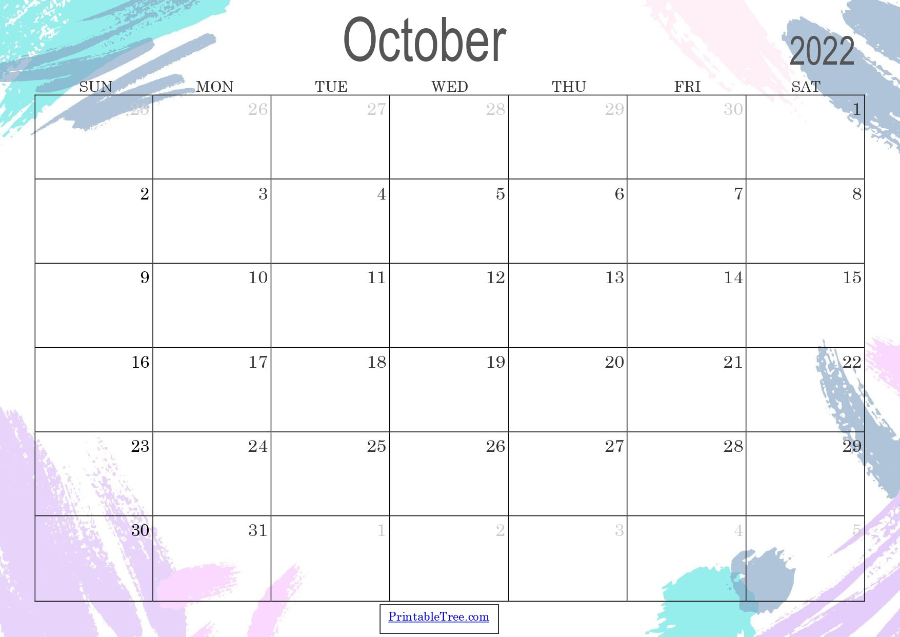 Colored Monthly Calendar October 2022