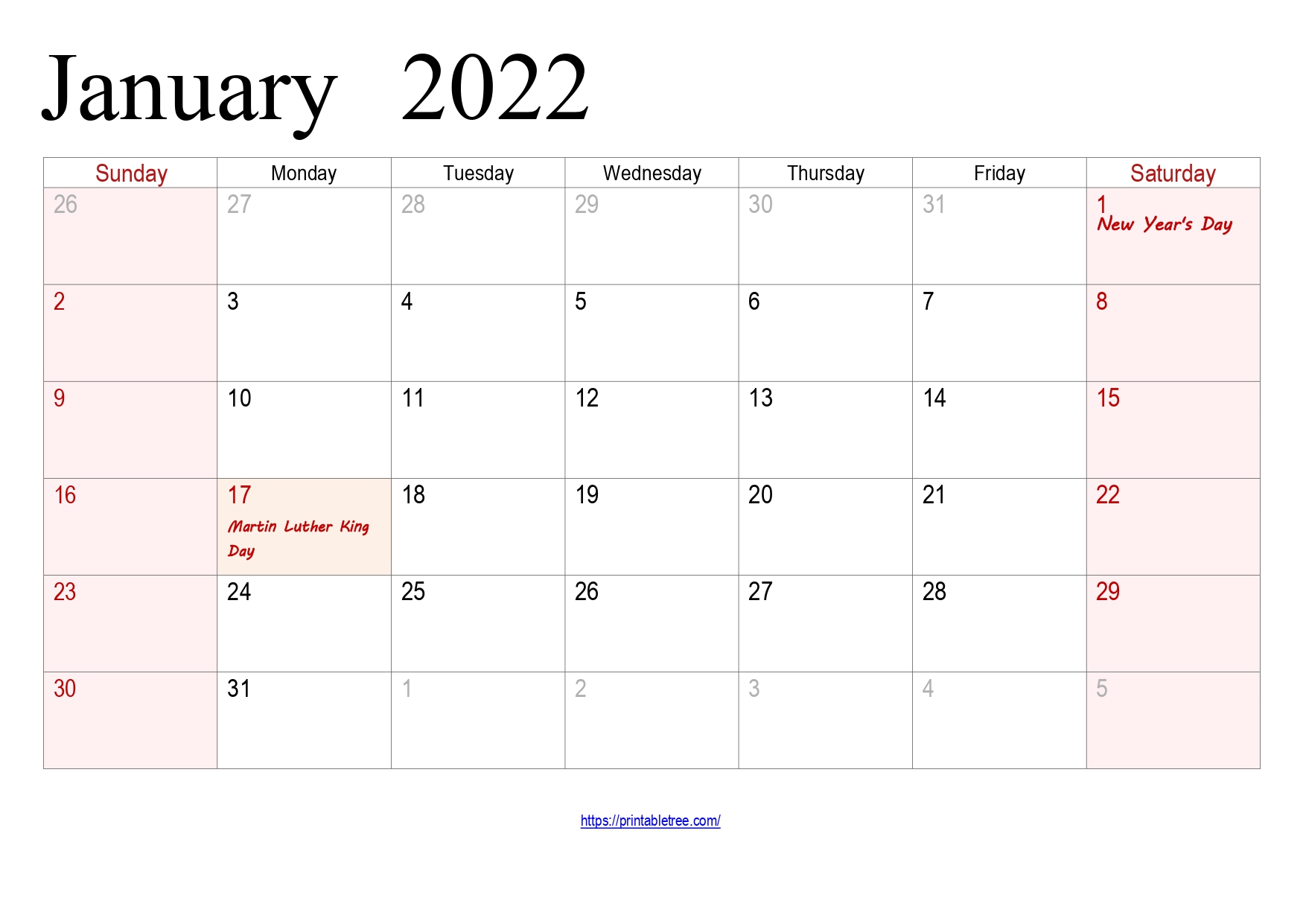 January Calendar 2022 with holidays