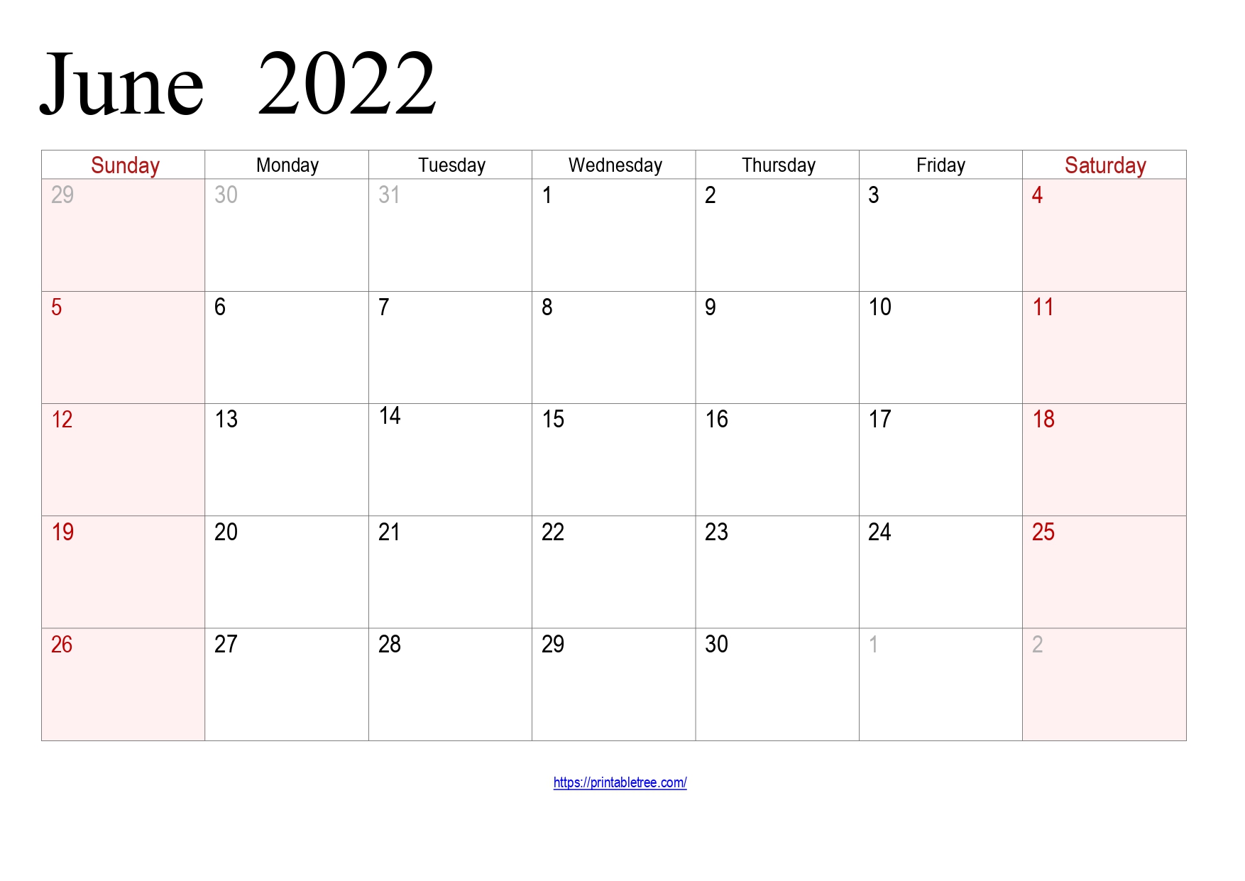 Printable June Calendar 2022 with holidays