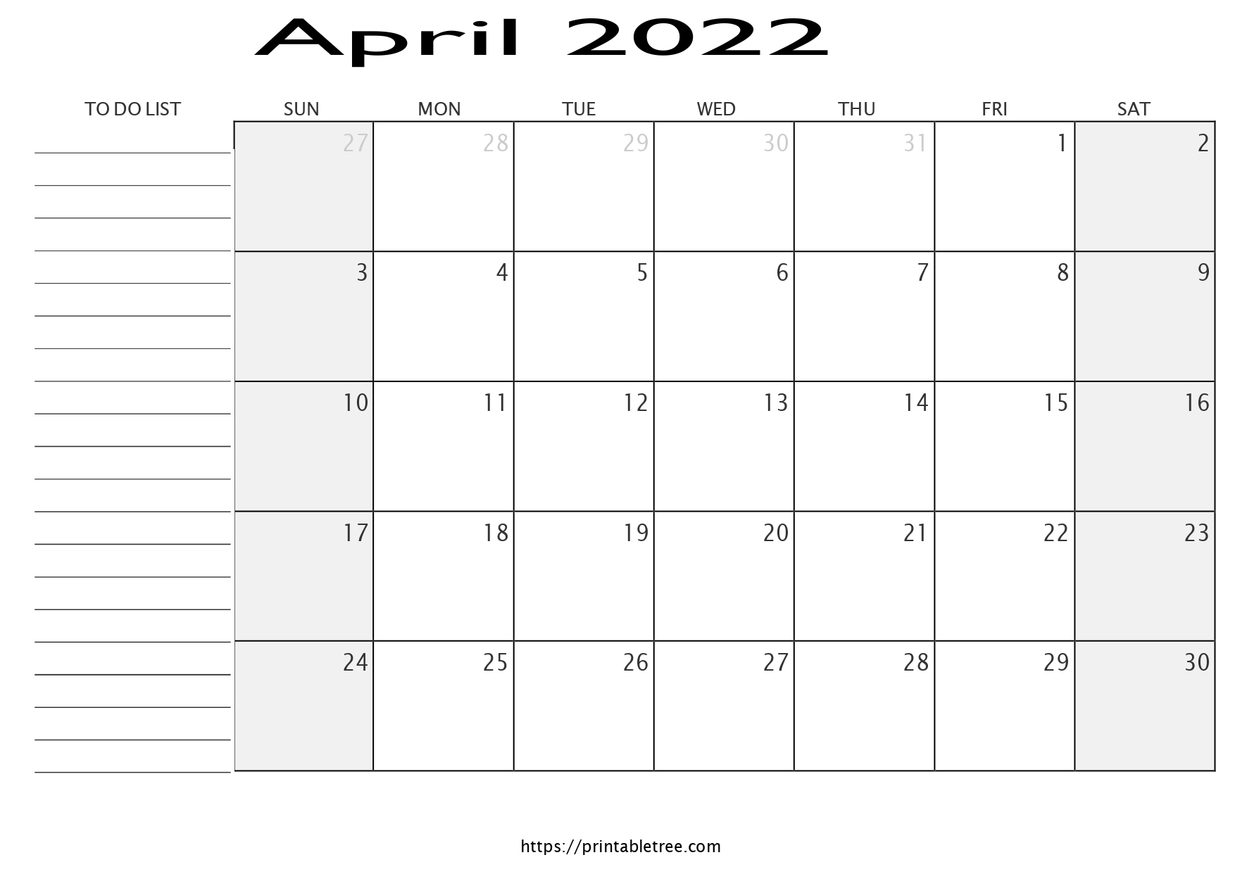 Monthly Calendar with To Do List April 2022