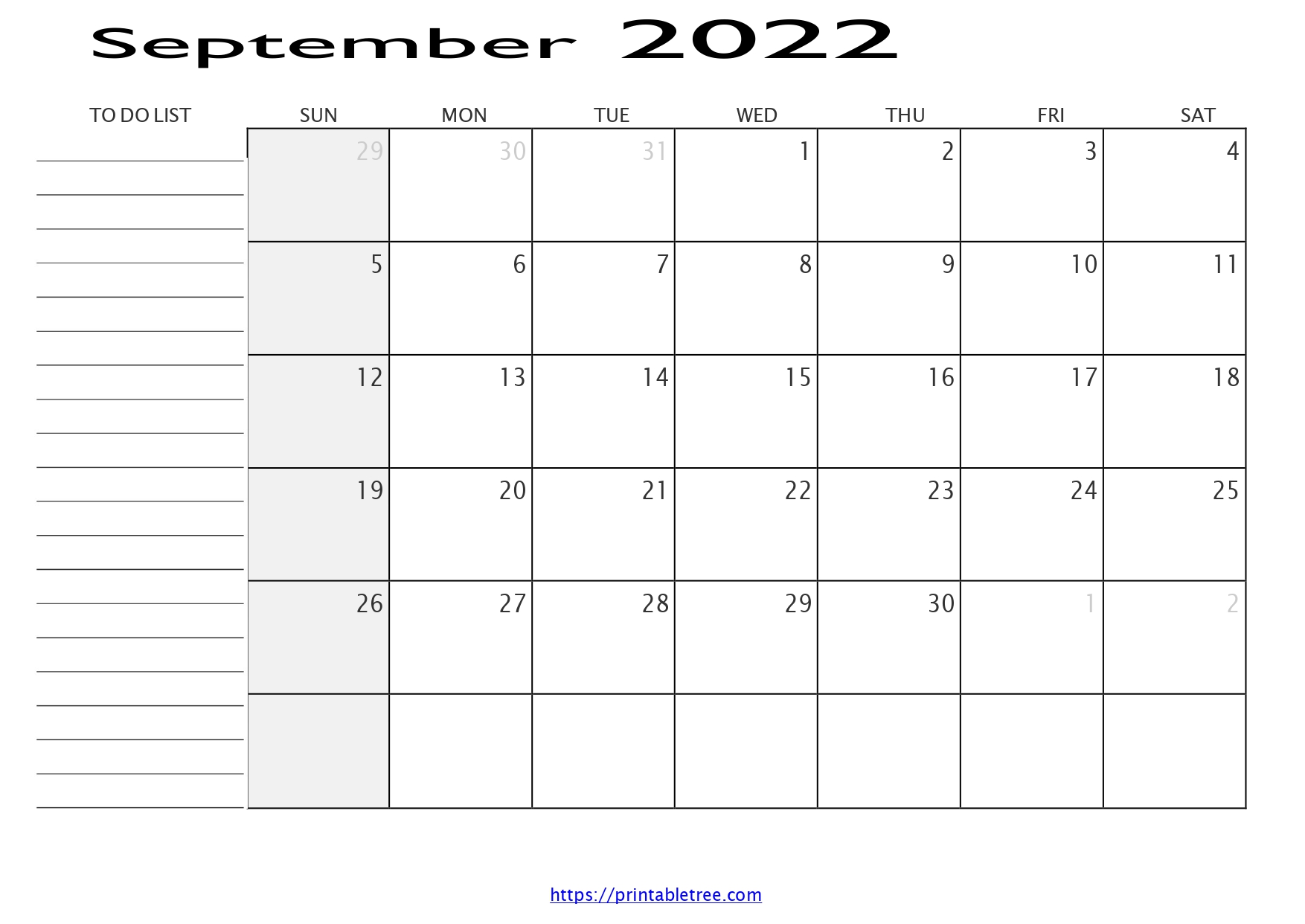 Monthly Calendar with To Do List September 2022