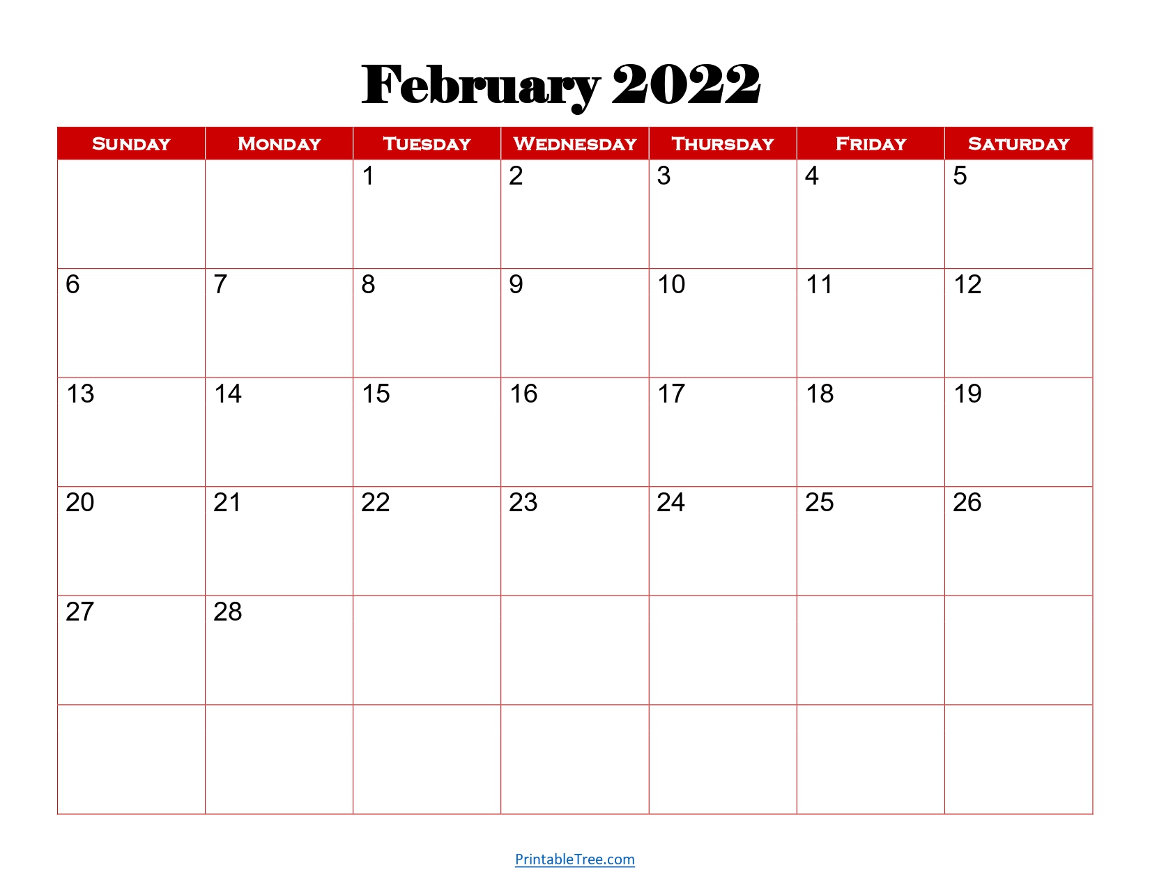 February 2022 Calendar Red Background