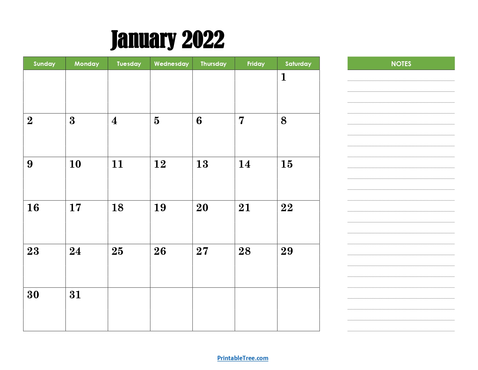 January 2022 Calendar with Green Notes