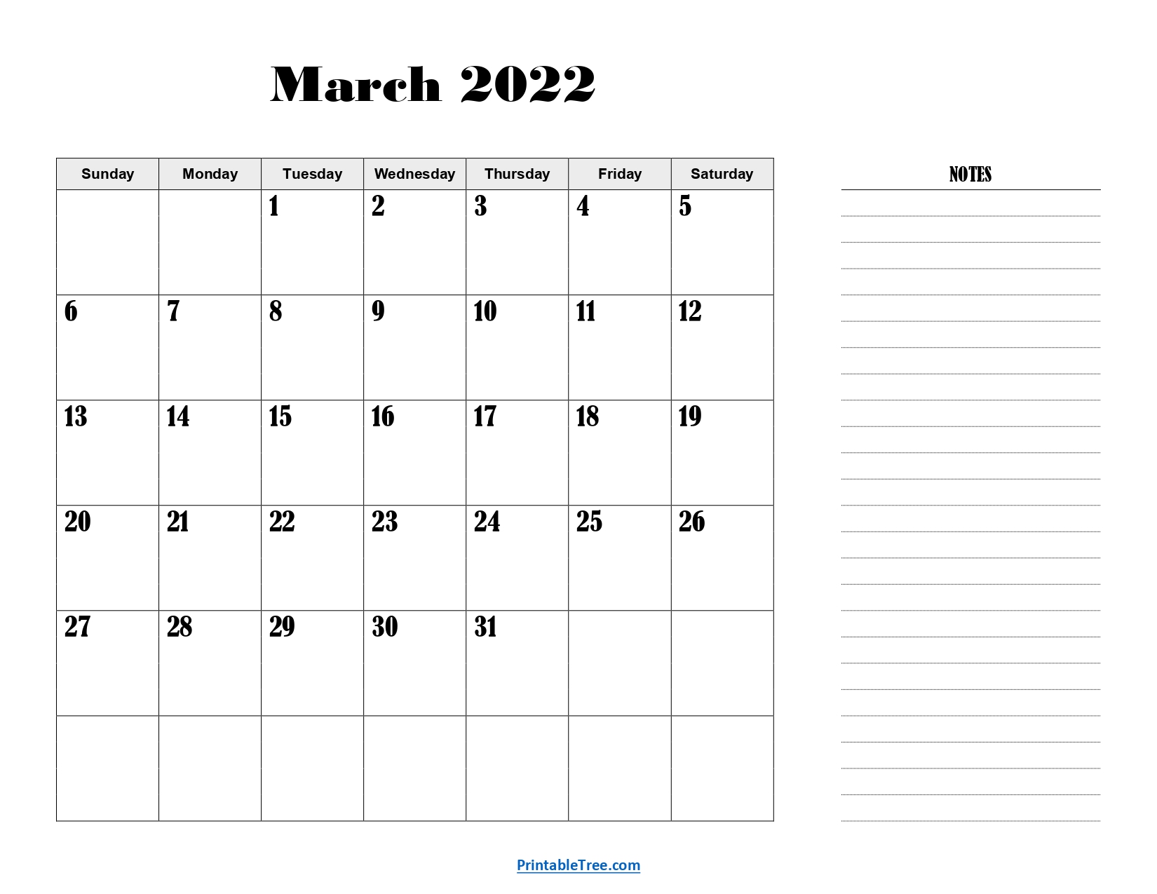 Landscape March 2022 Calendar with Notes