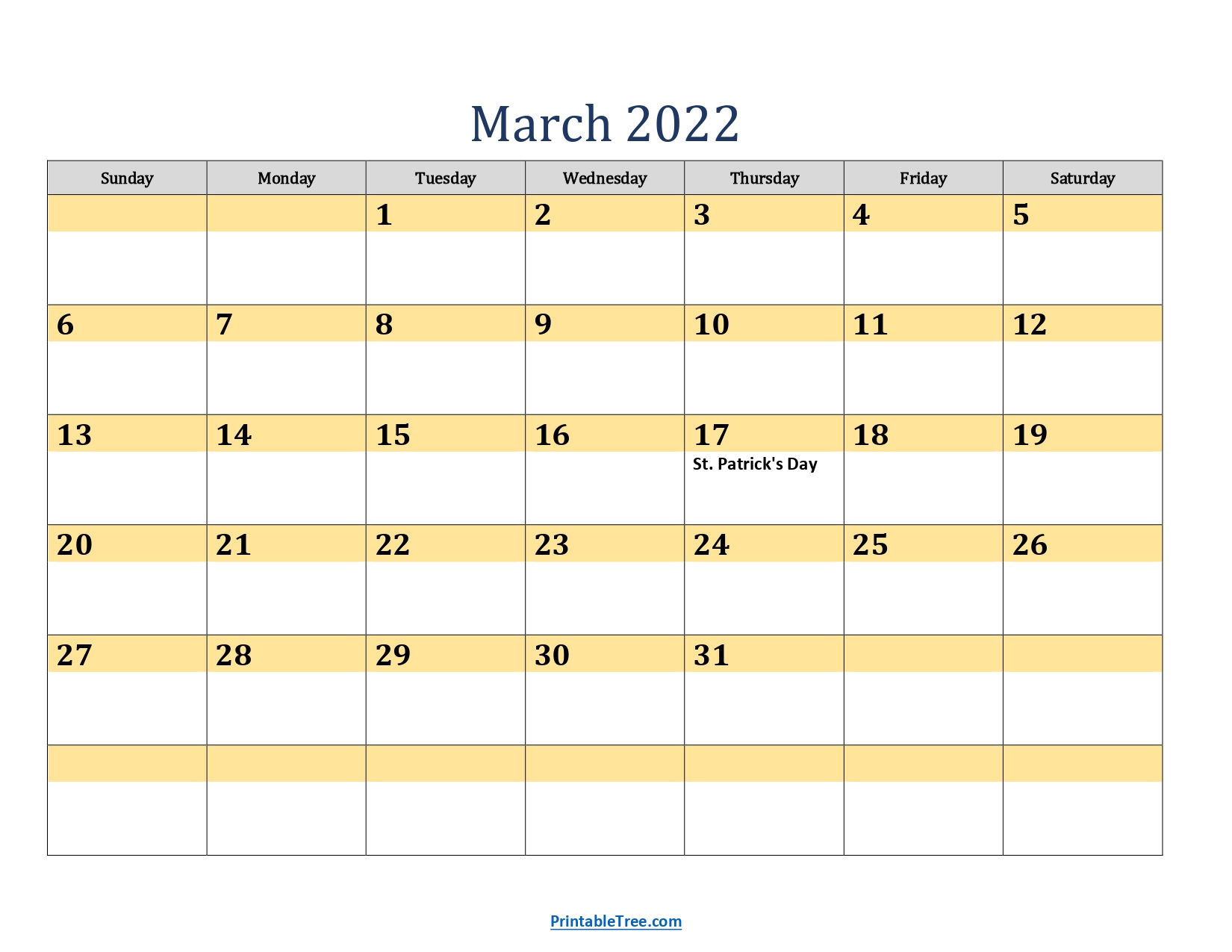 March 2022 Calendar Light Yellow