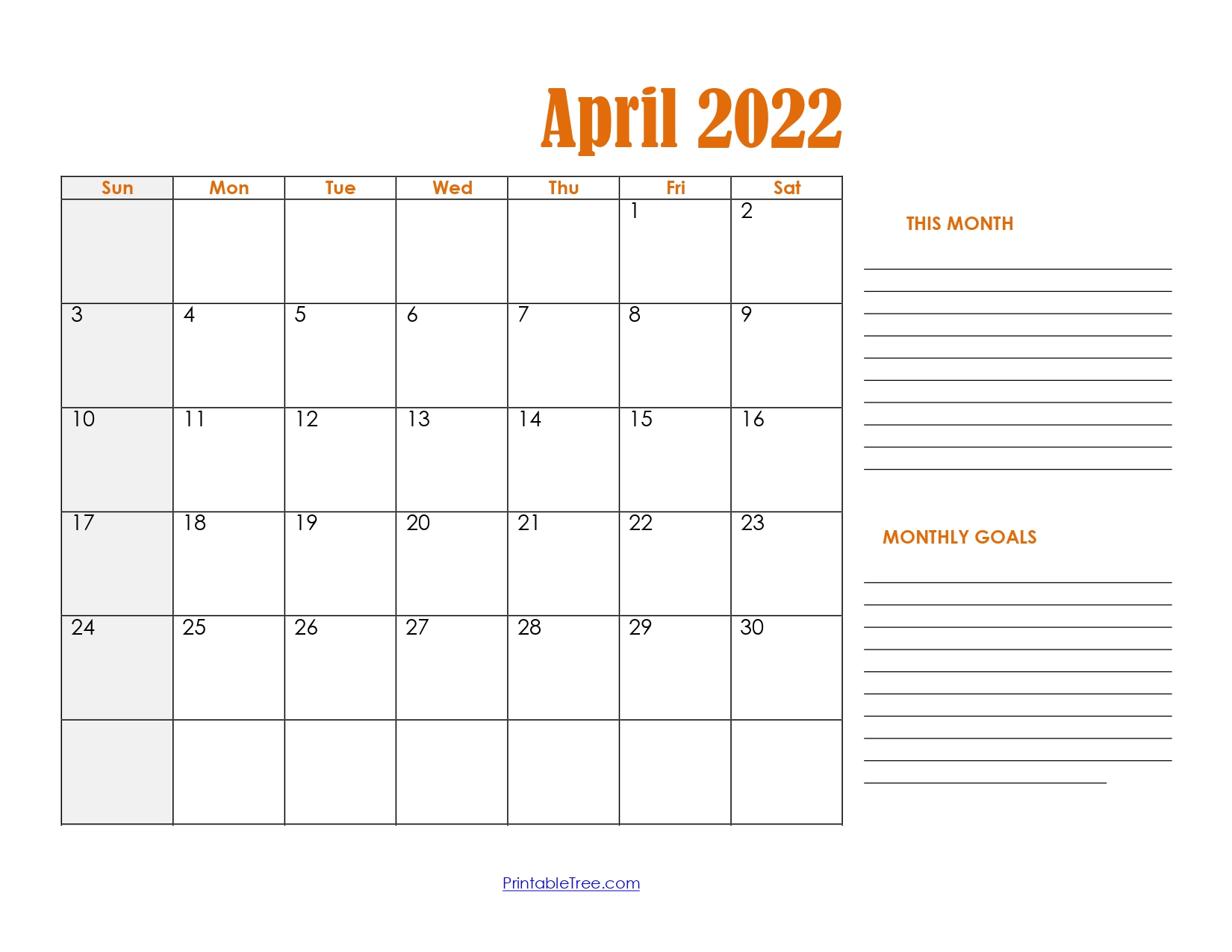 April 2022 Calendar with Goals