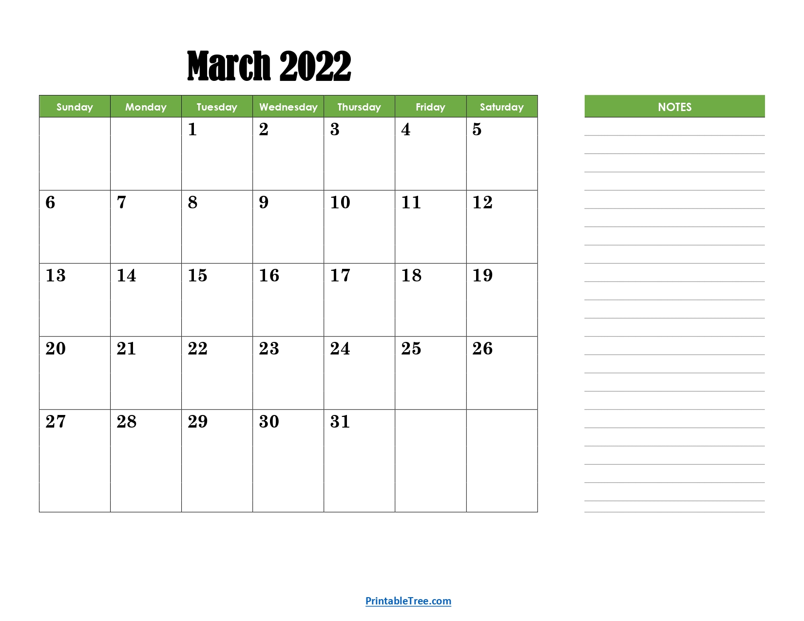 March 2022 Calendar with Green Notes