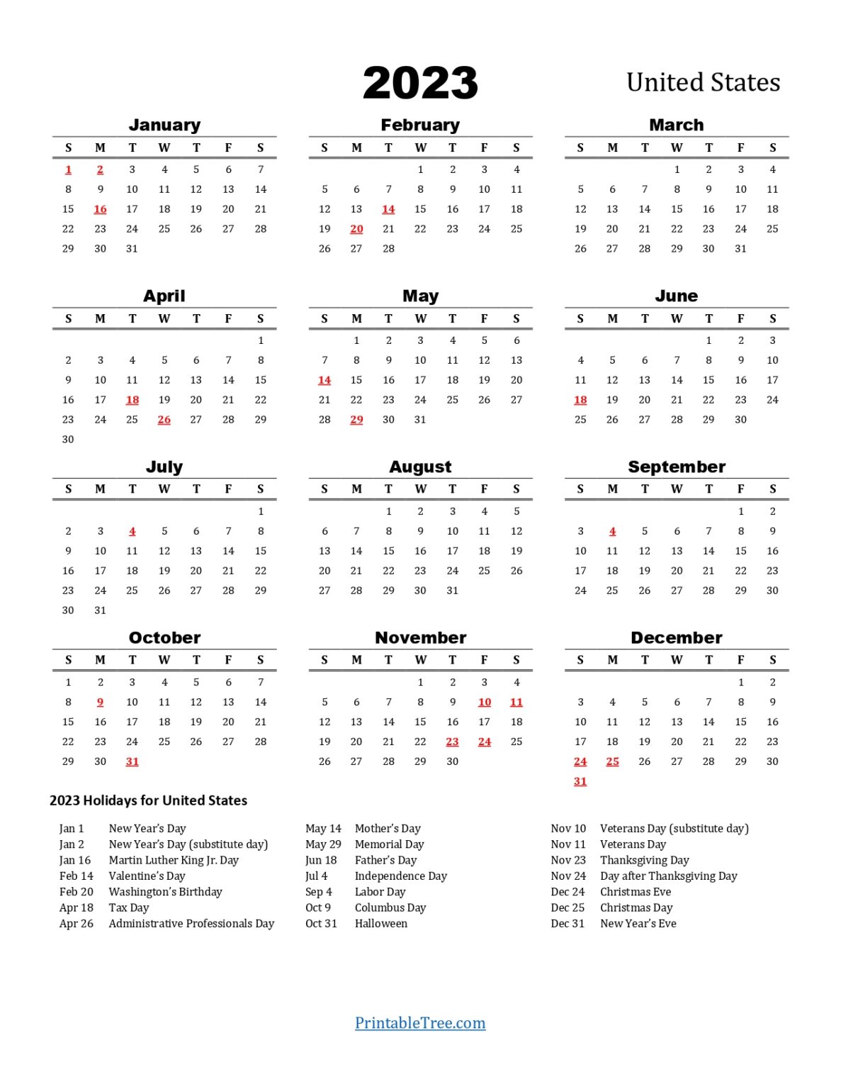 Printable Calendar 2023 One Page with Holidays (Single Page) 2023