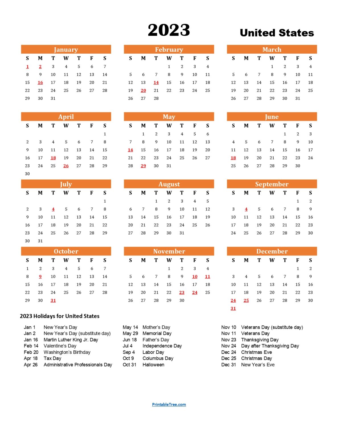Printable Calendar 2023 One Page with Holidays (Single Page) 2023
