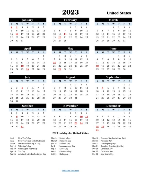 Printable Calendar 2023 One Page with Holidays (Single Page) 2023