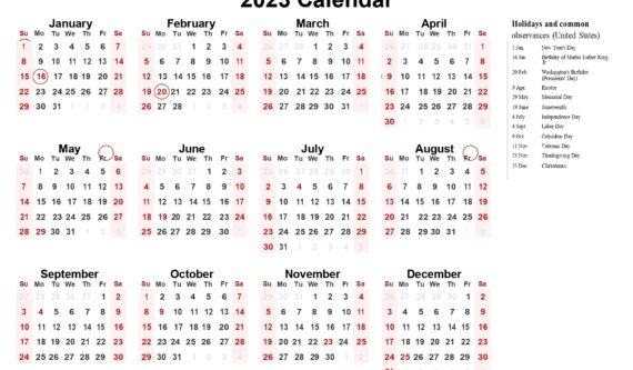 2023 Single Page Landscape Yearly Calendar with US Holidays