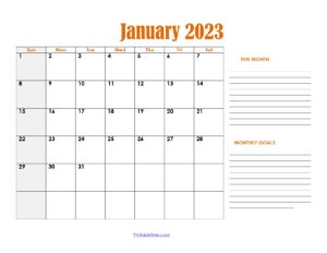 January 2023 Calendar Printable PDF Template with Holidays