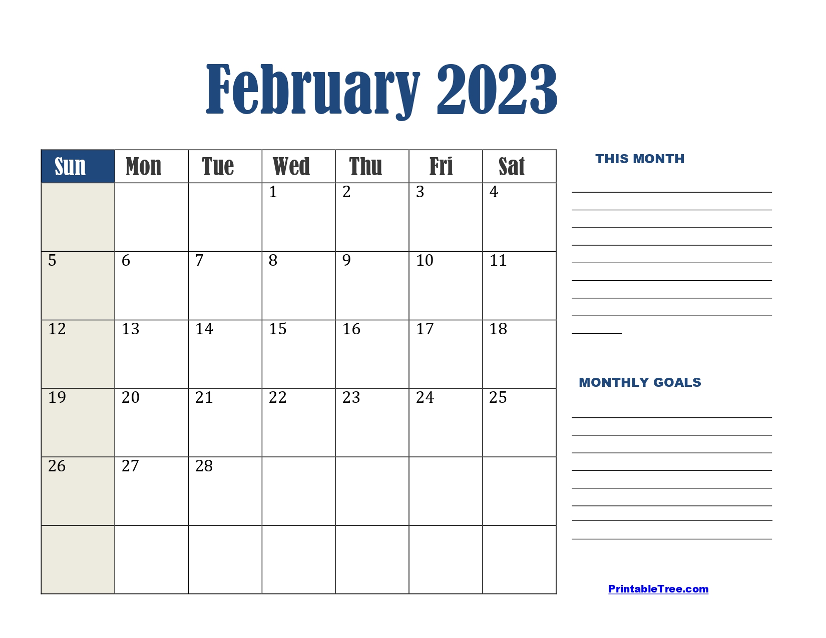 Landscape Blue February 2023 Calendar with Goals