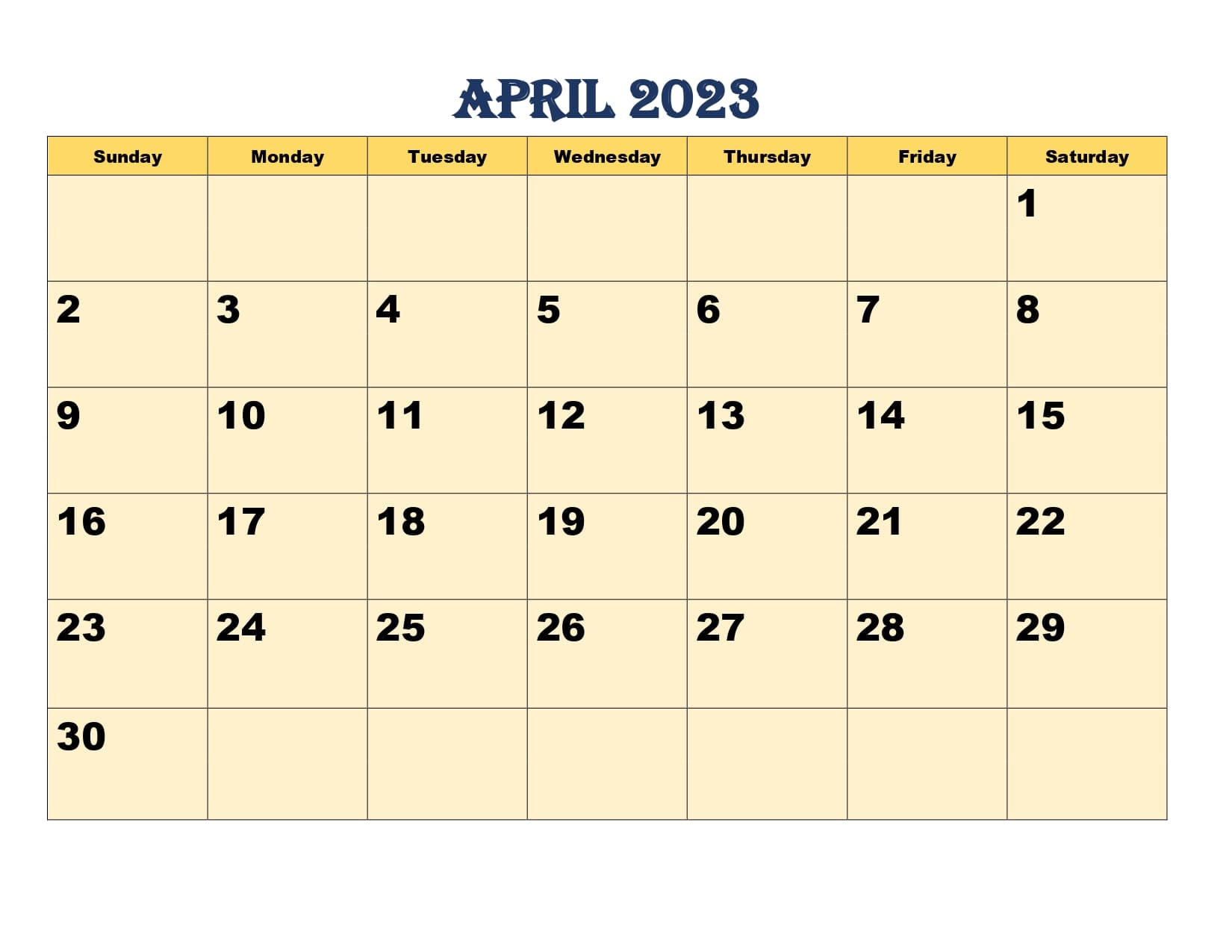 April 2023 Calendar Light Yellow