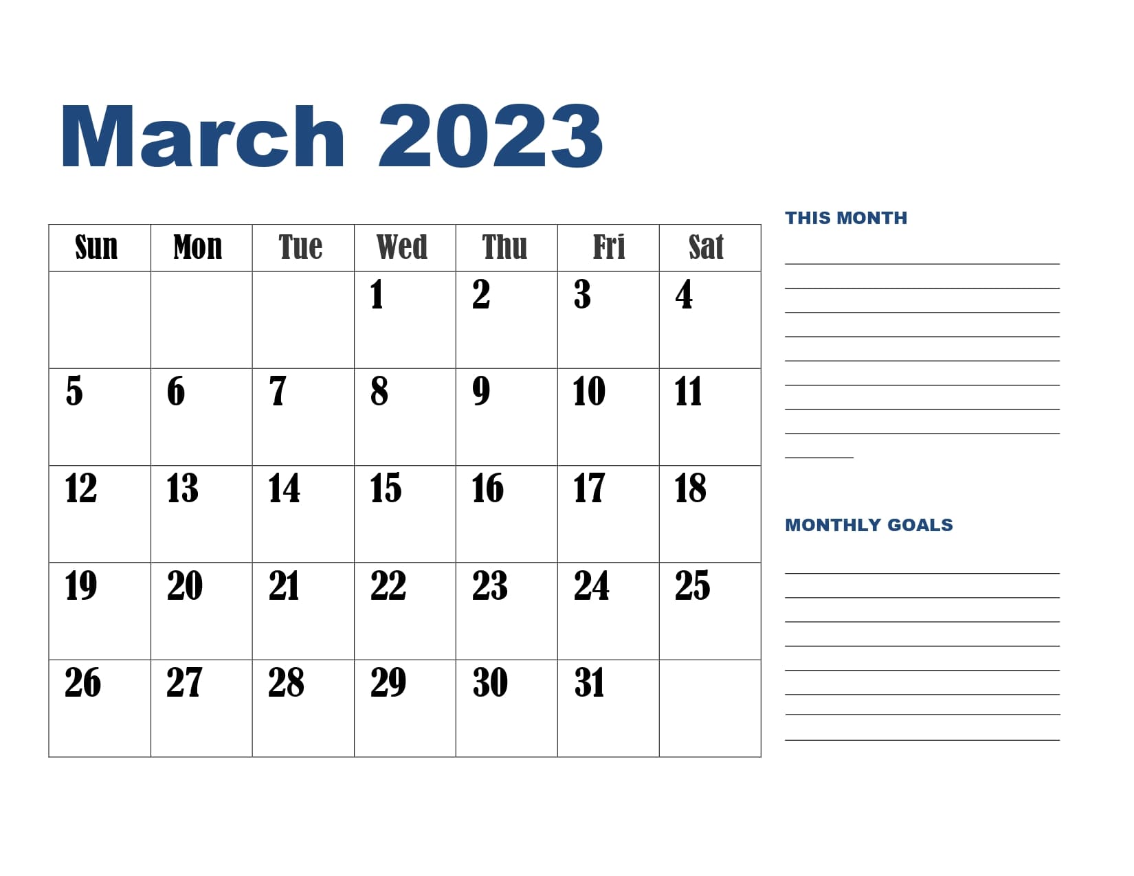 Landscape Blue March 2023 Calendar with Goals