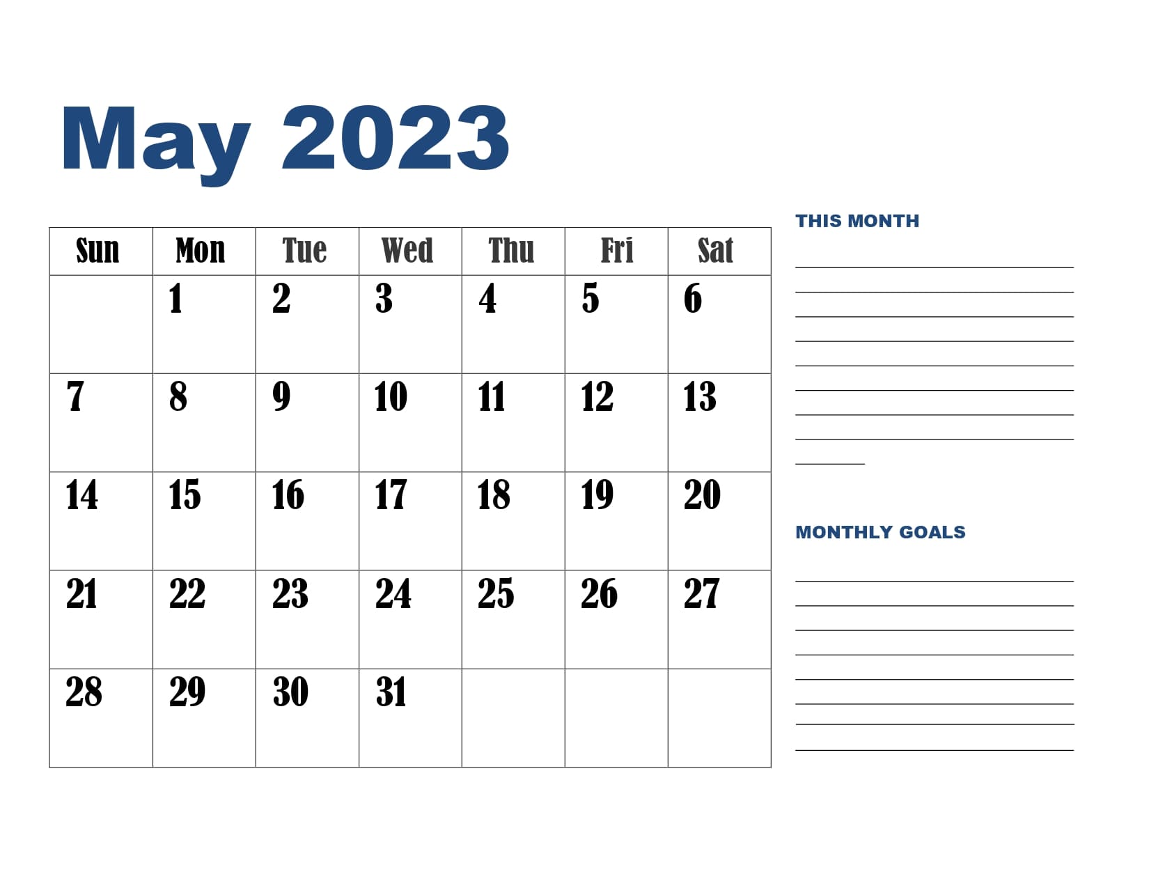Landscape Blue May 2023 Calendar with Goals