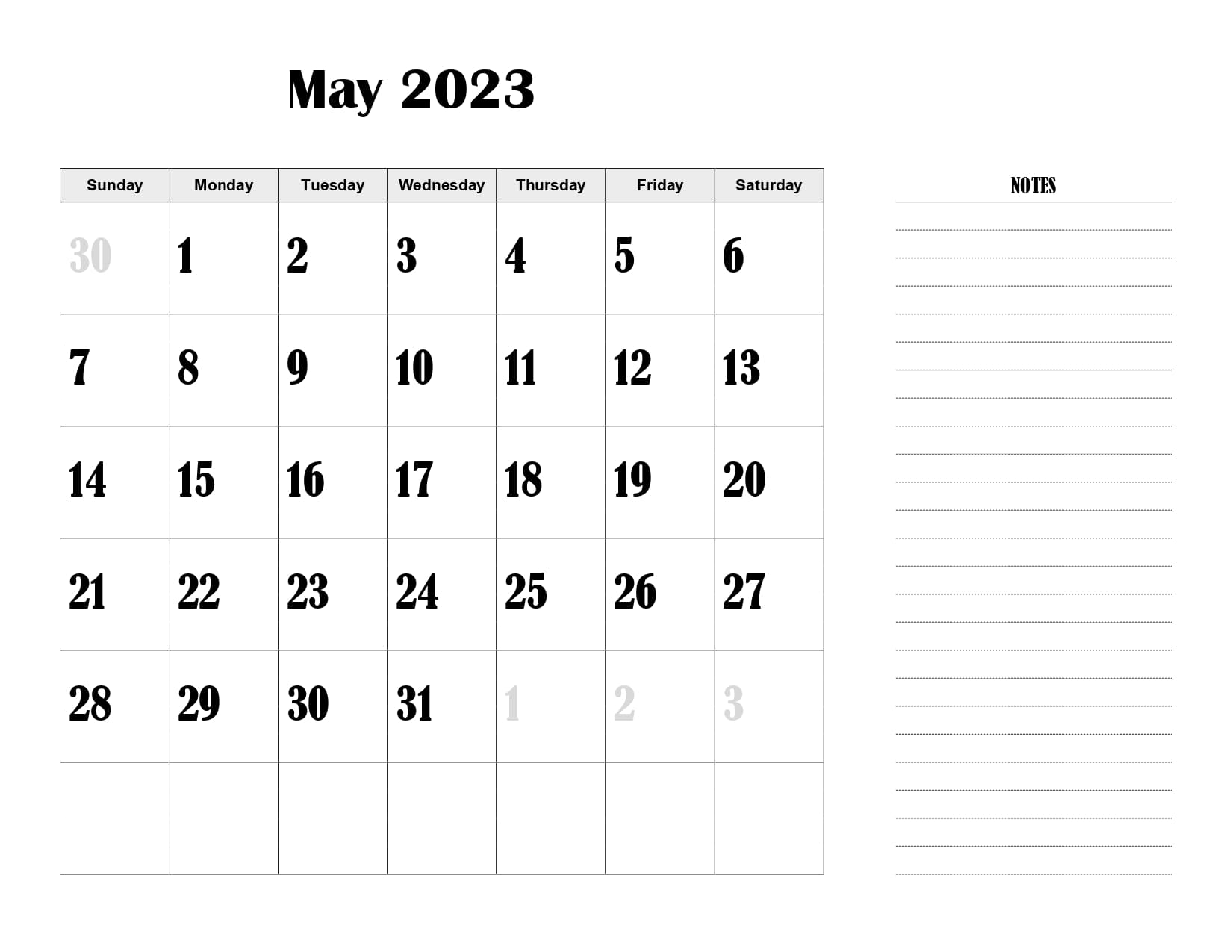 Landscape May 2023 Calendar with Notes