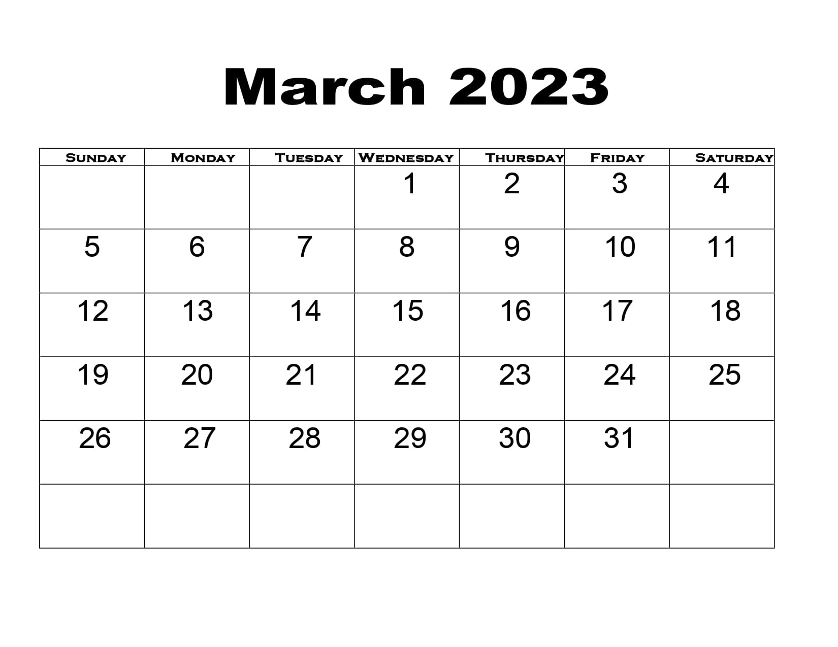 Simple March 2023 Calendar
