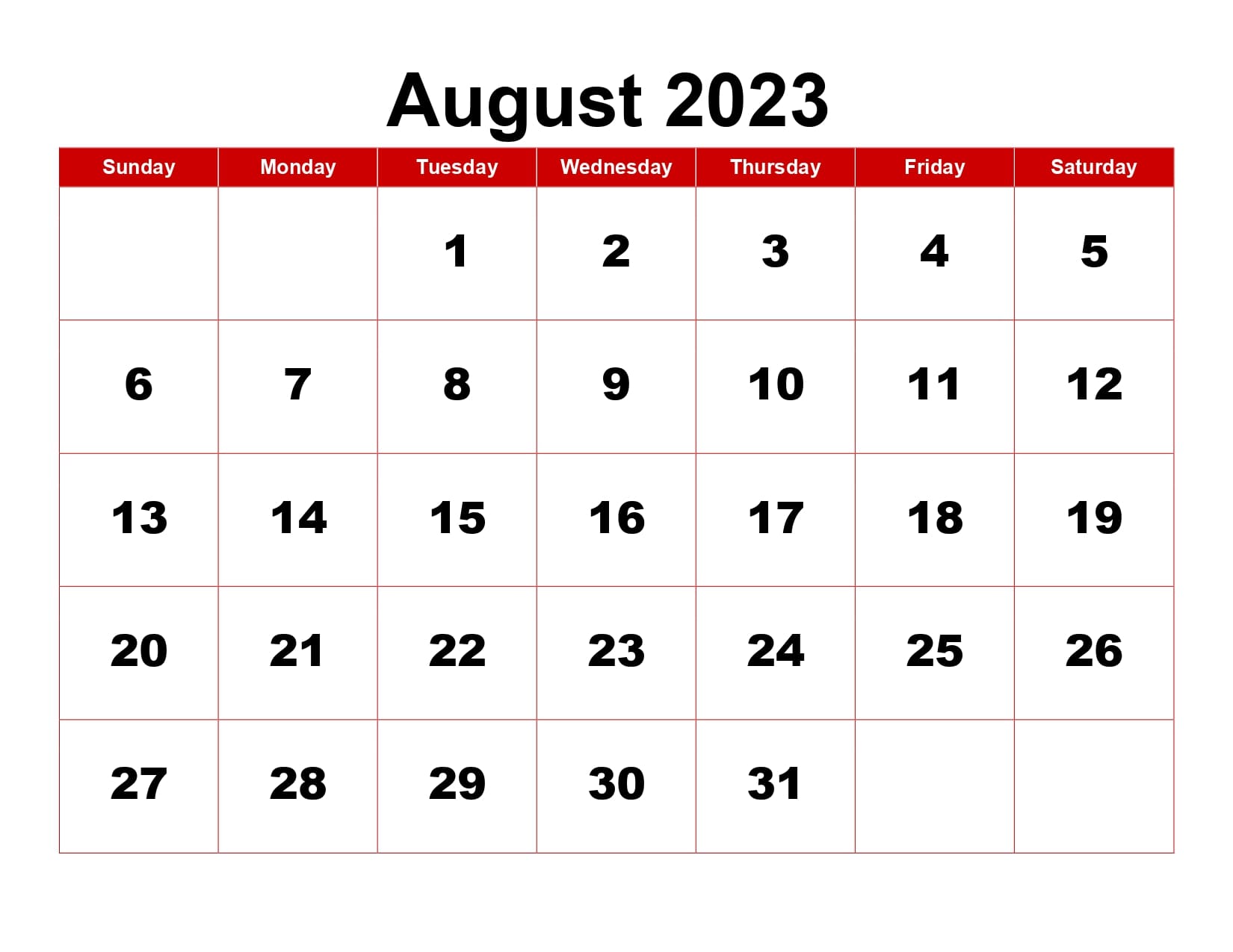 August 2023 Calendar Red Background