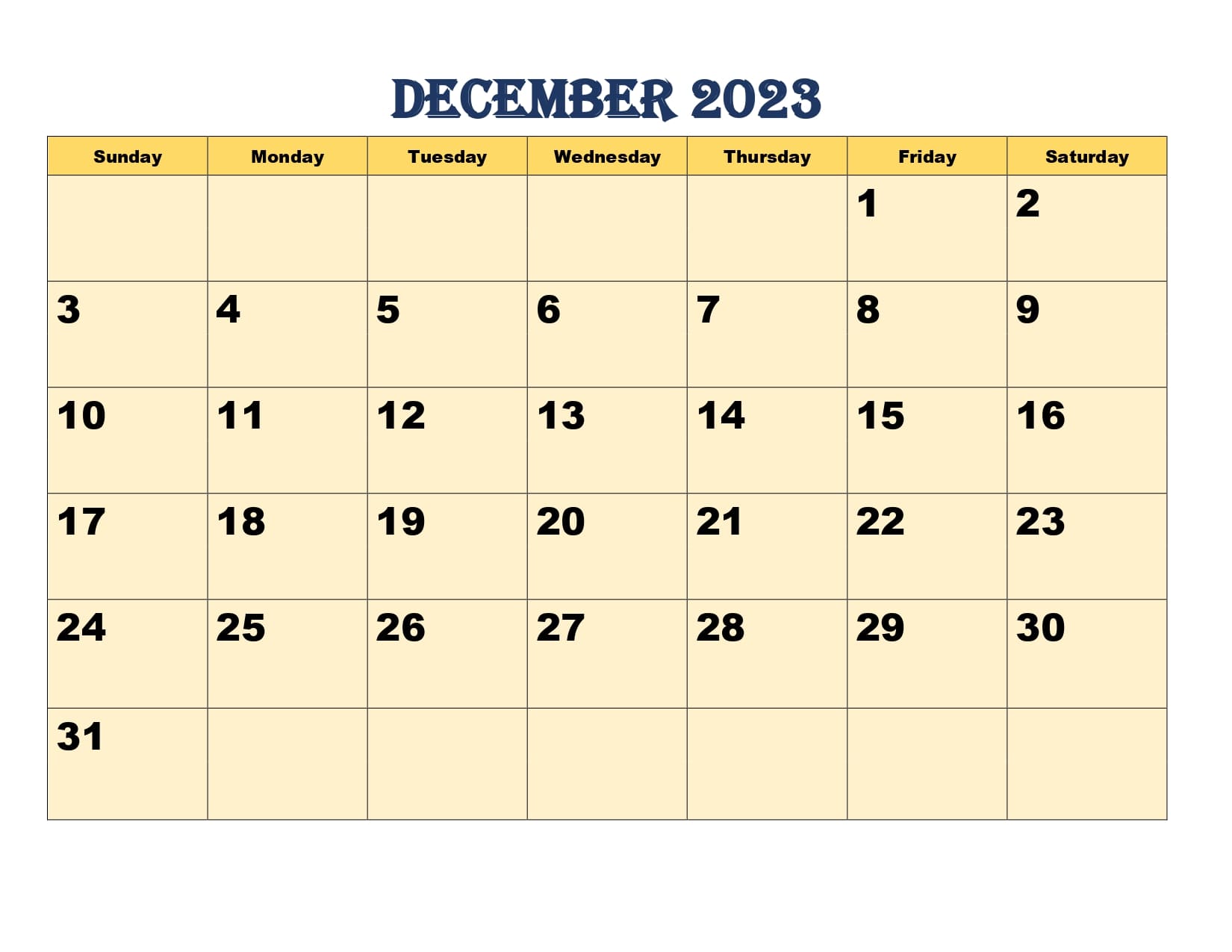 December 2023 Calendar Light Yellow
