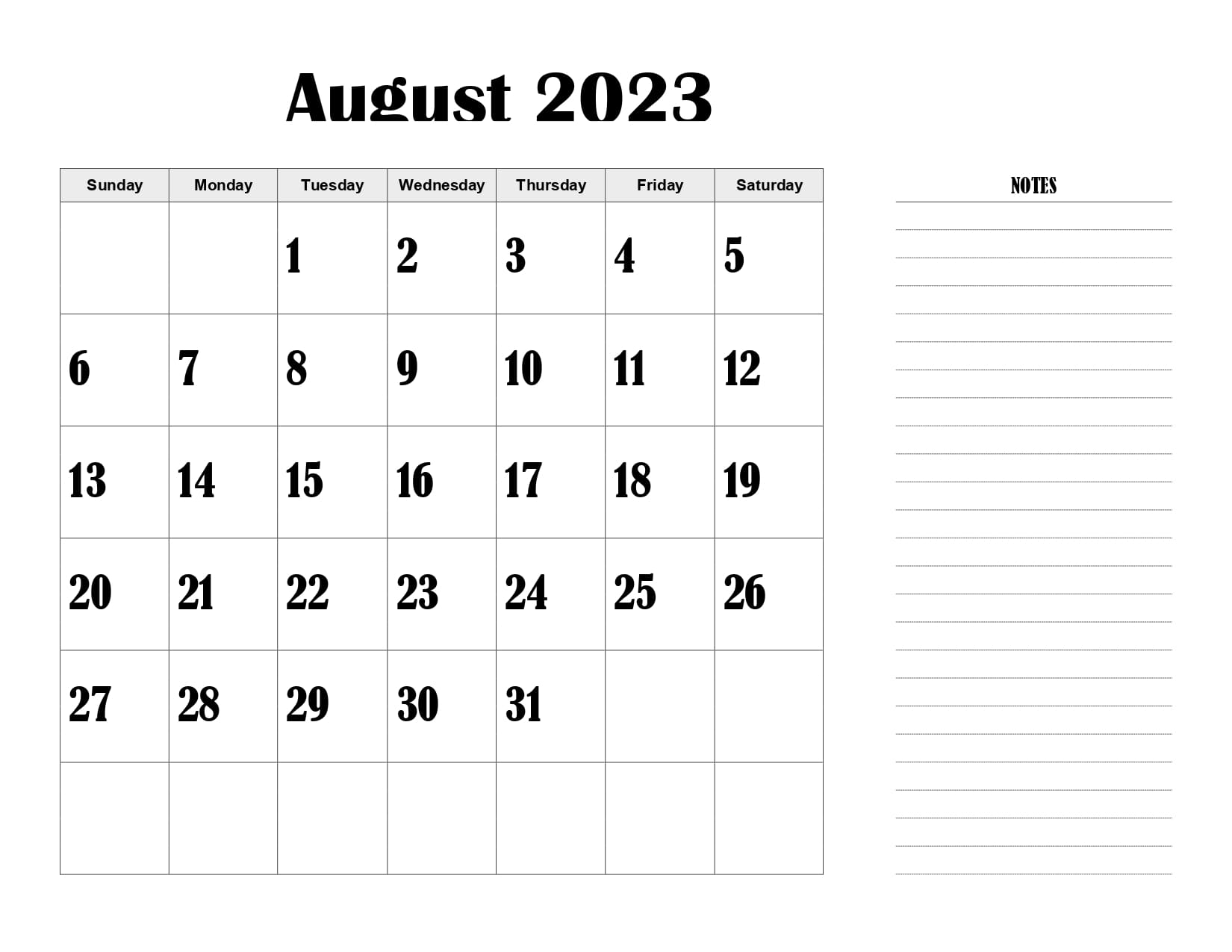 Landscape August 2023 Calendar with Notes