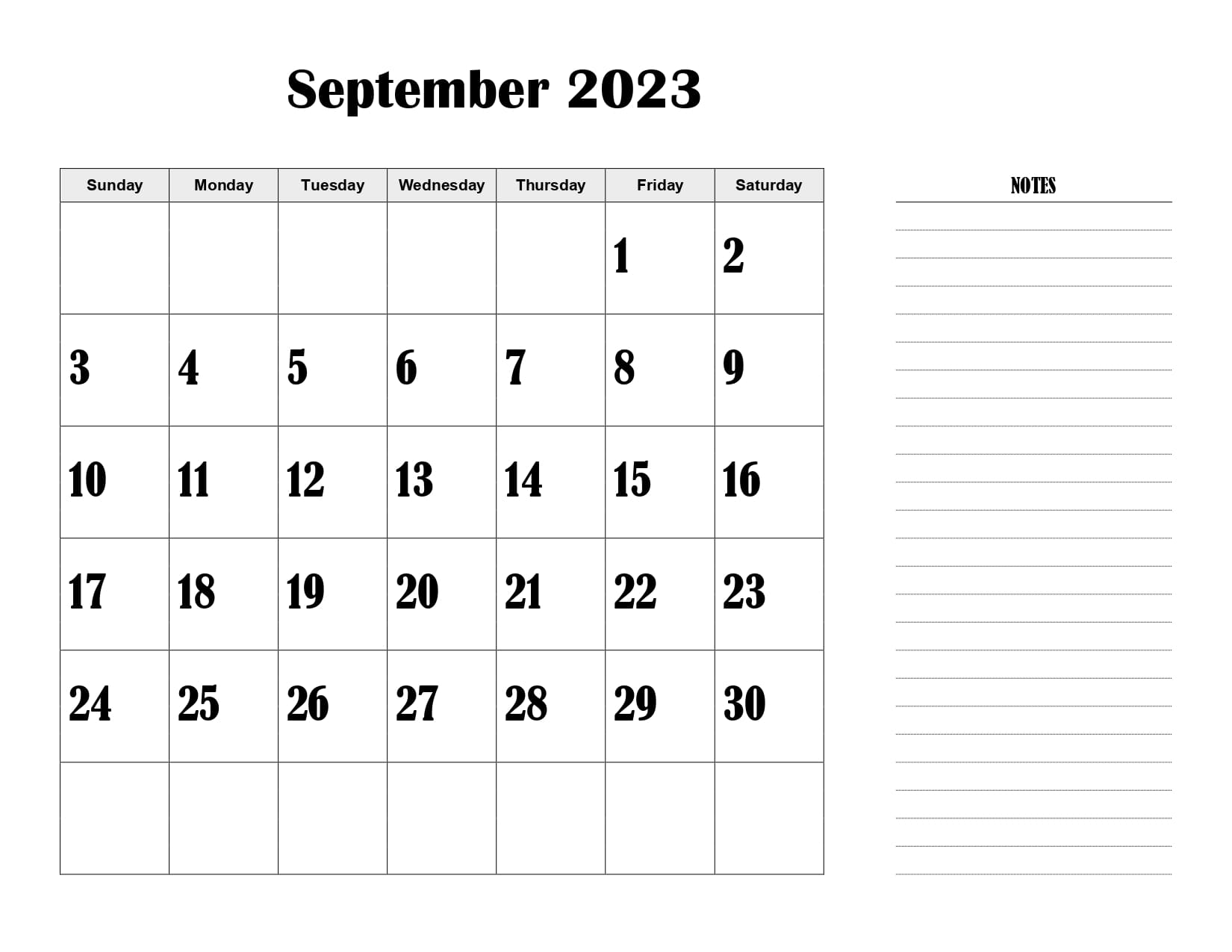 Landscape September 2023 Calendar with Notes