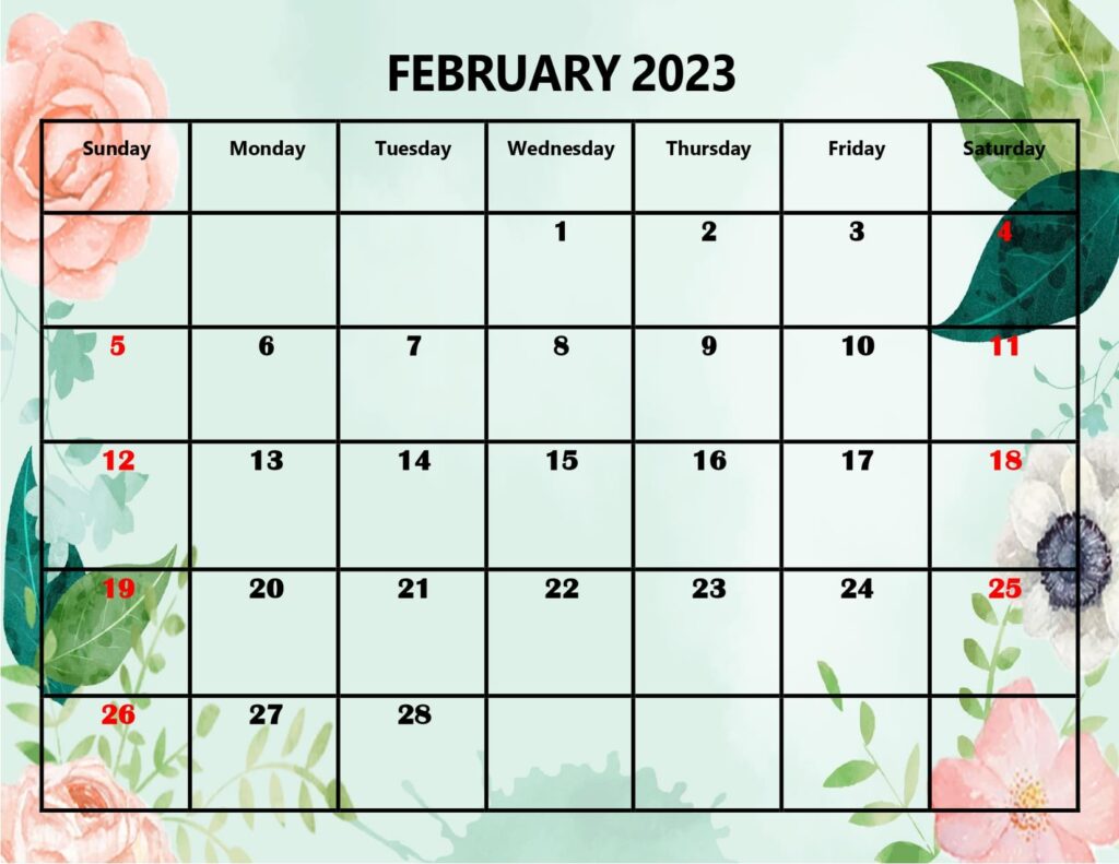 February 2023 Rose and Leaf Background Calendar