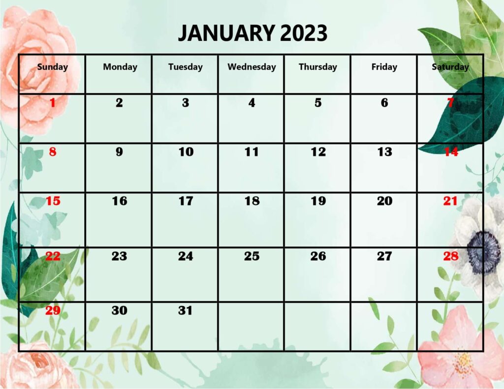 January 2023 Rose and Leaf Background Calendar