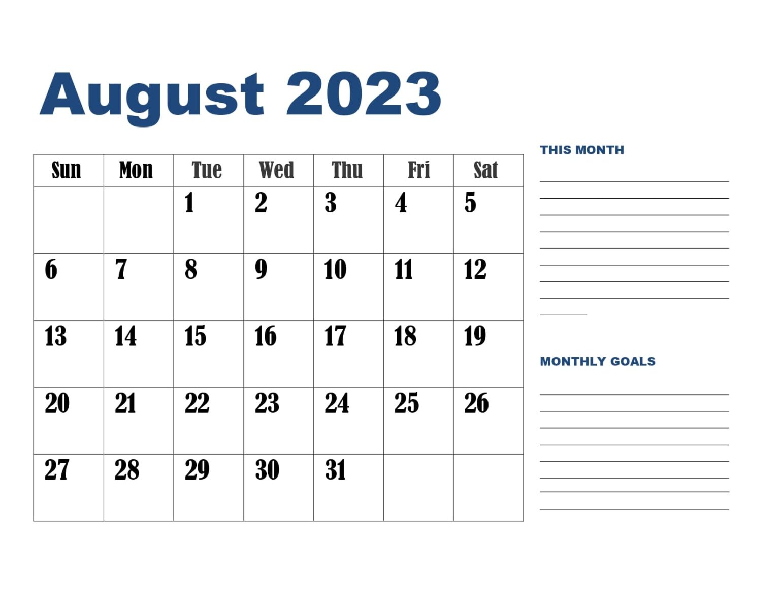 August 2023 Calendar Printable PDF Blank Templates Free