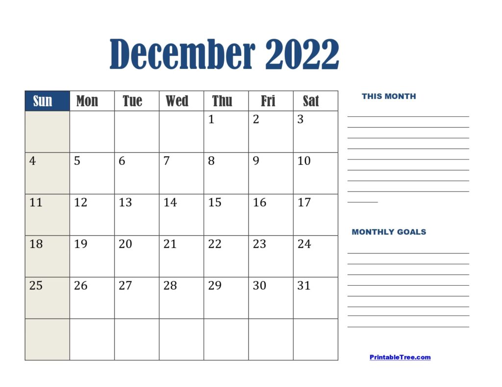 Landscape Blue December 2022 Calendar with Goals