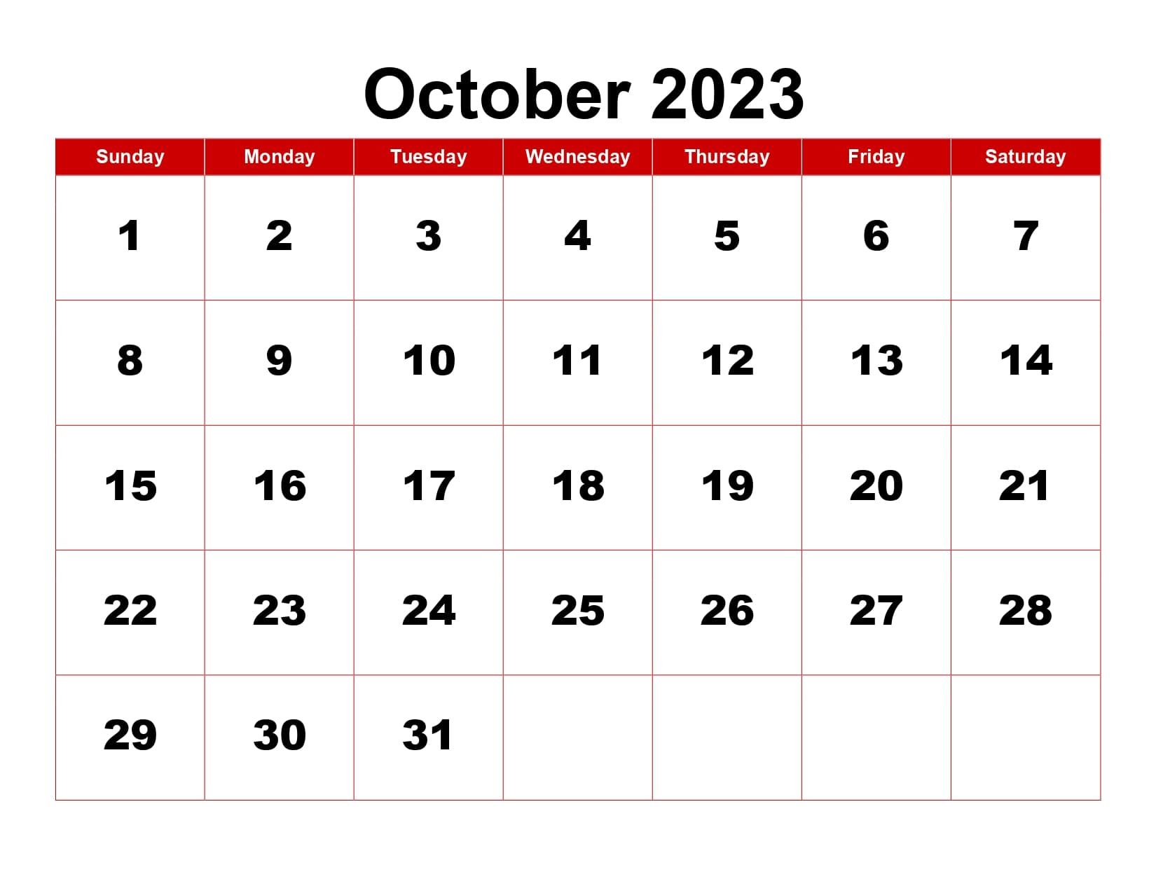 October 2023 Calendar Red Background