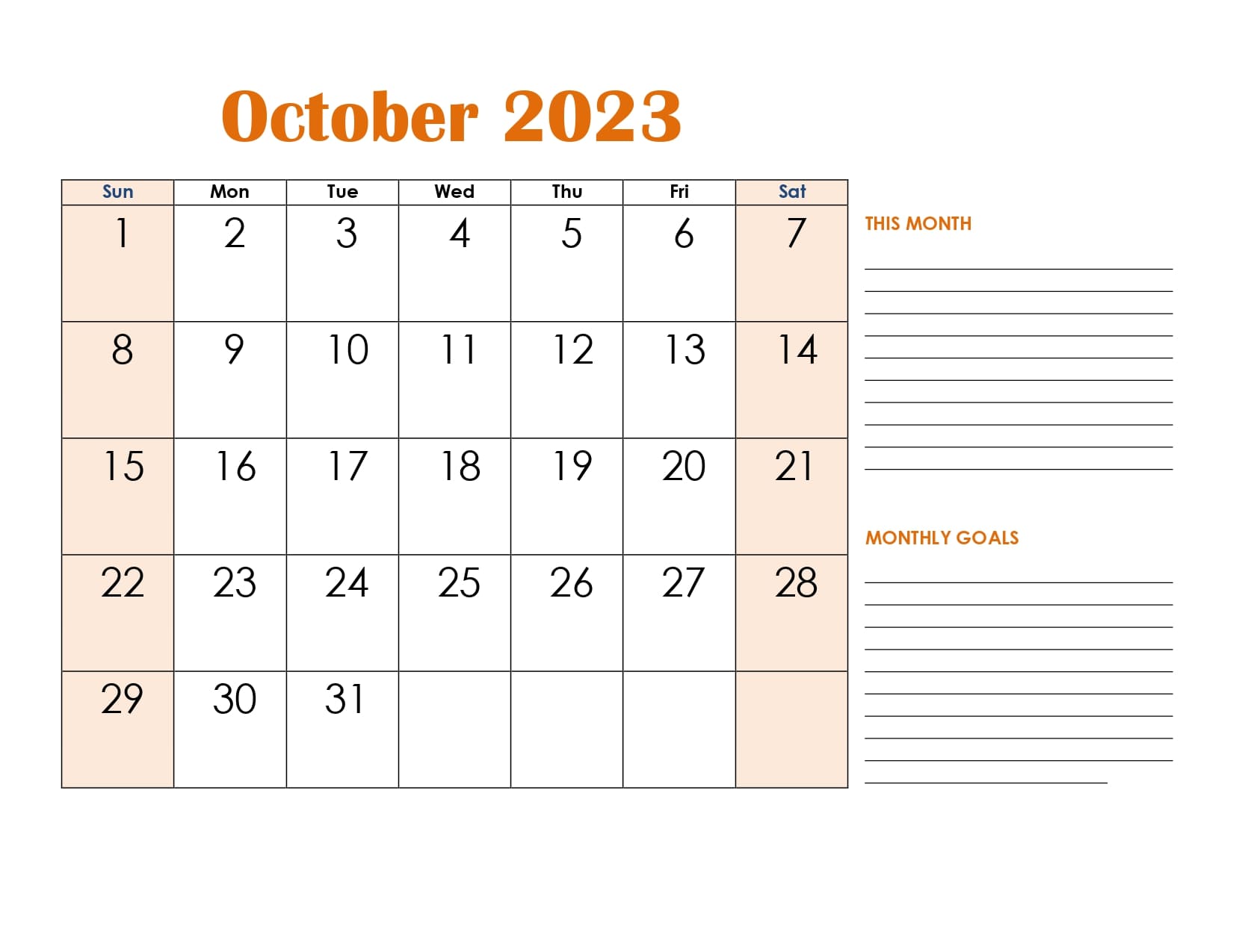 October 2023 Calendar with Goals