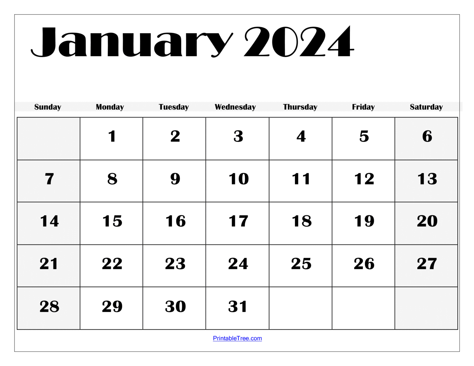 2024 January Calendar Big Numbers Print Free 2024 Calendar With