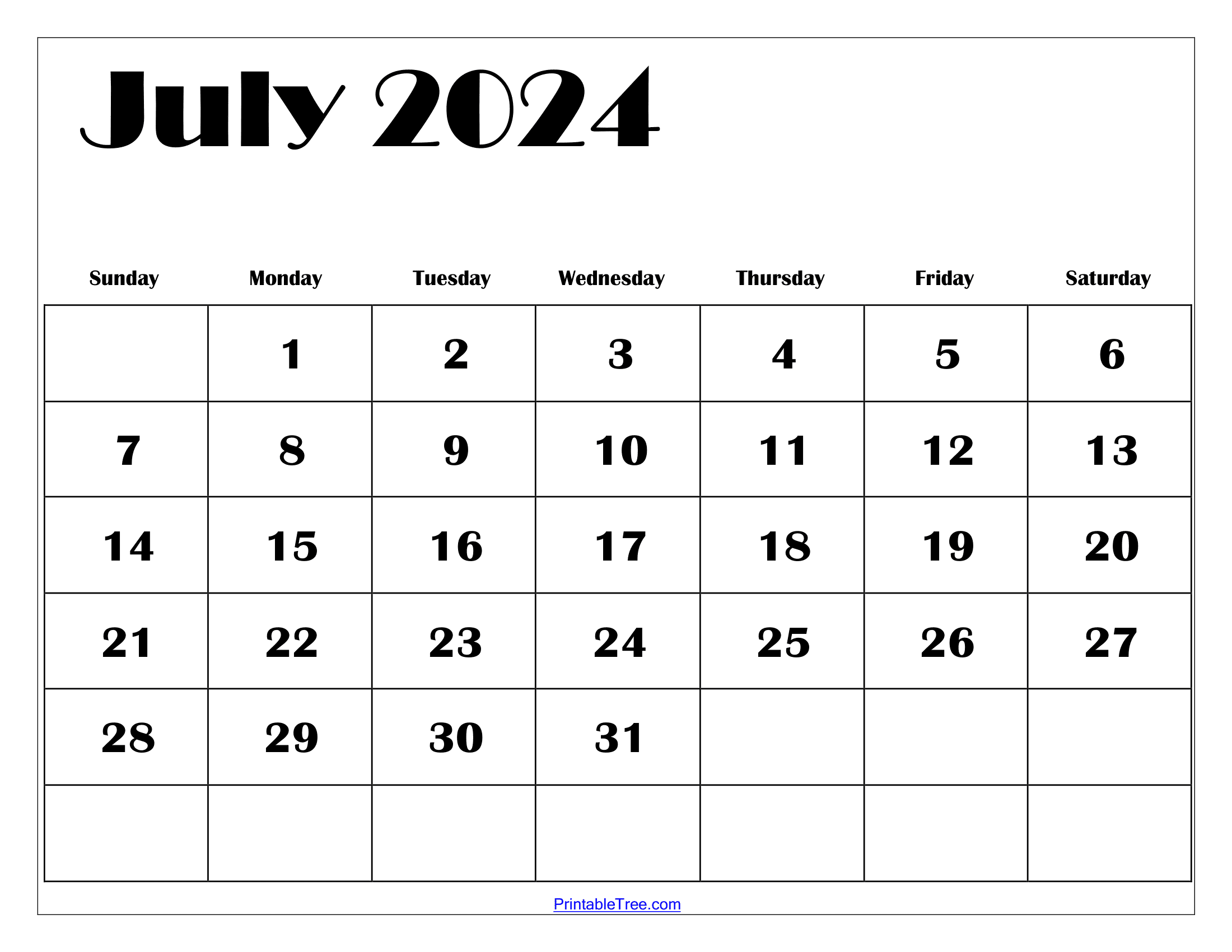 July 2024 Calendar Printable PDF with Holidays Free Template