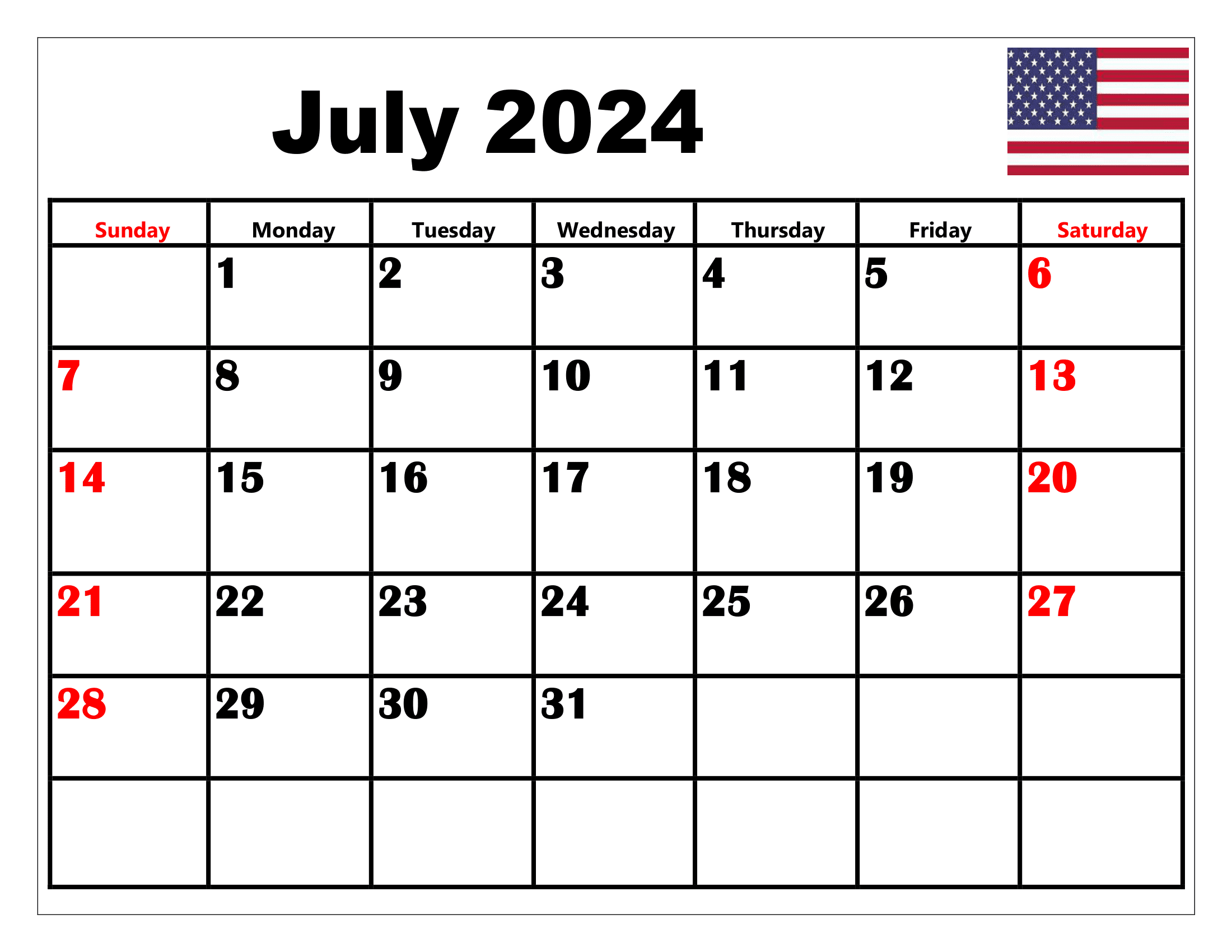 Printable Monthly Calendar For July 2024 Billi Cherise