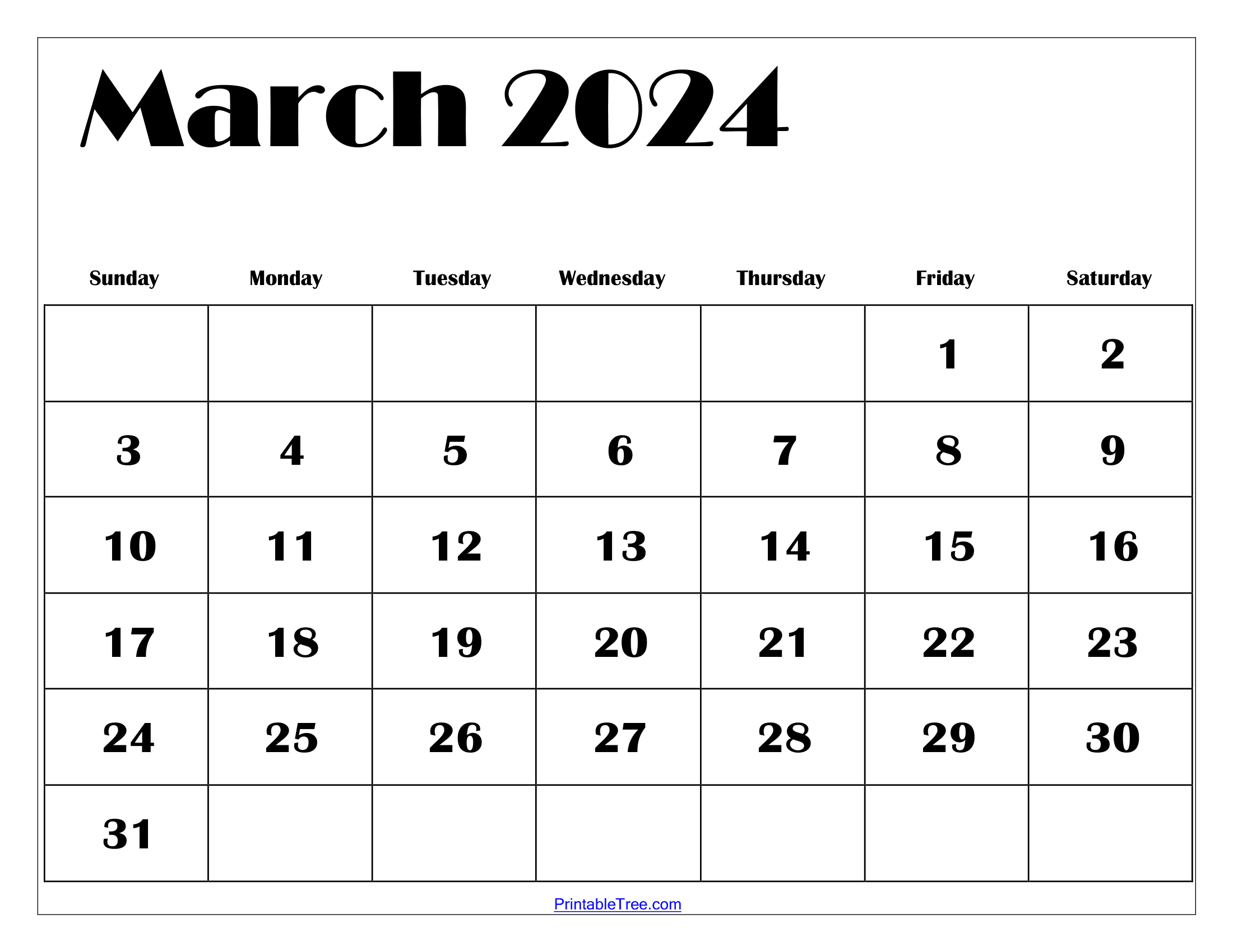 Printable March 2024 Calendar Big Dates PAITO WARNA