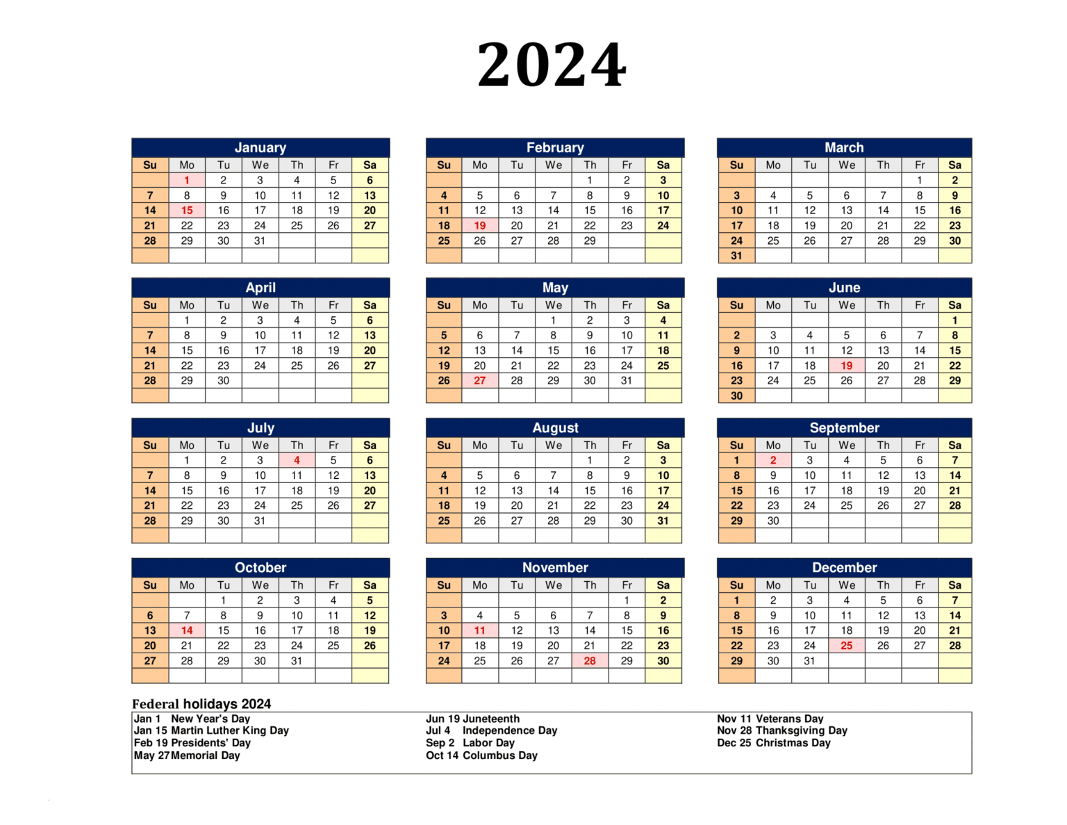 Printable Calendar 2024 One Page with Holidays (Single Page) 2024